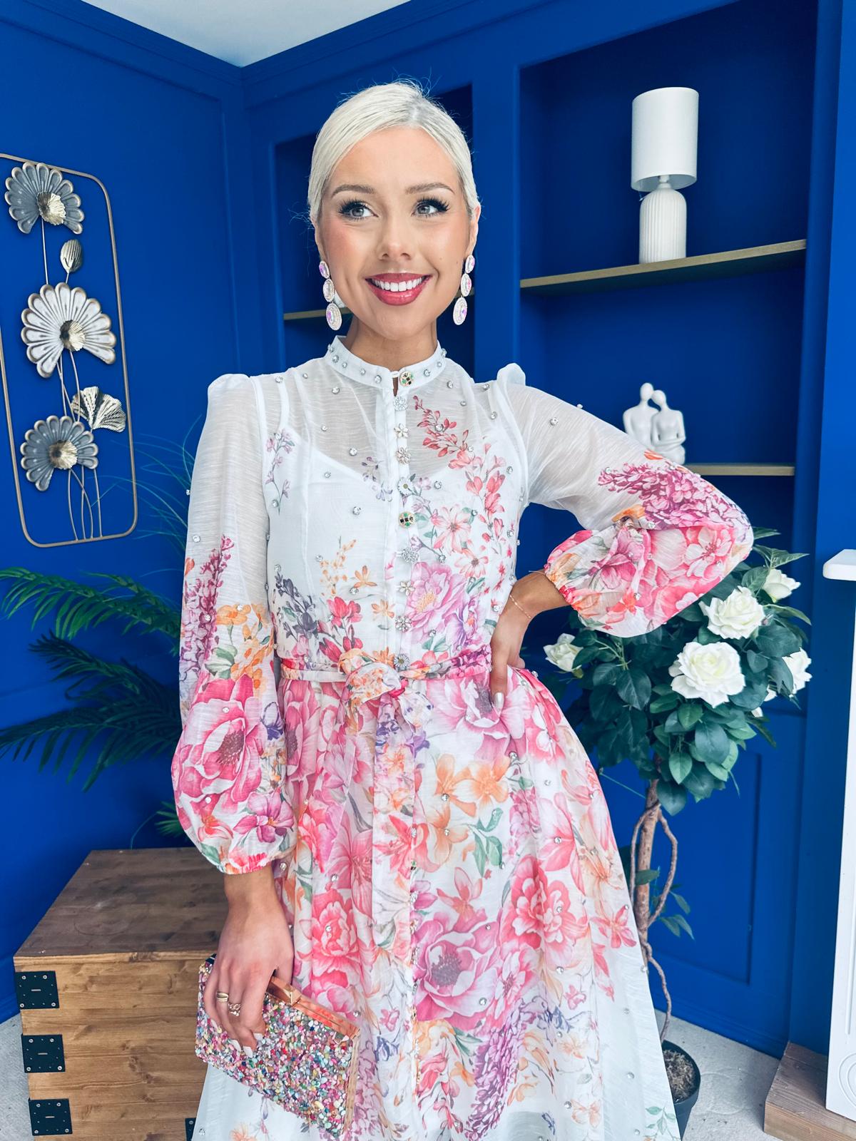 Bella Embellished Midi Shirt Dress Floral White