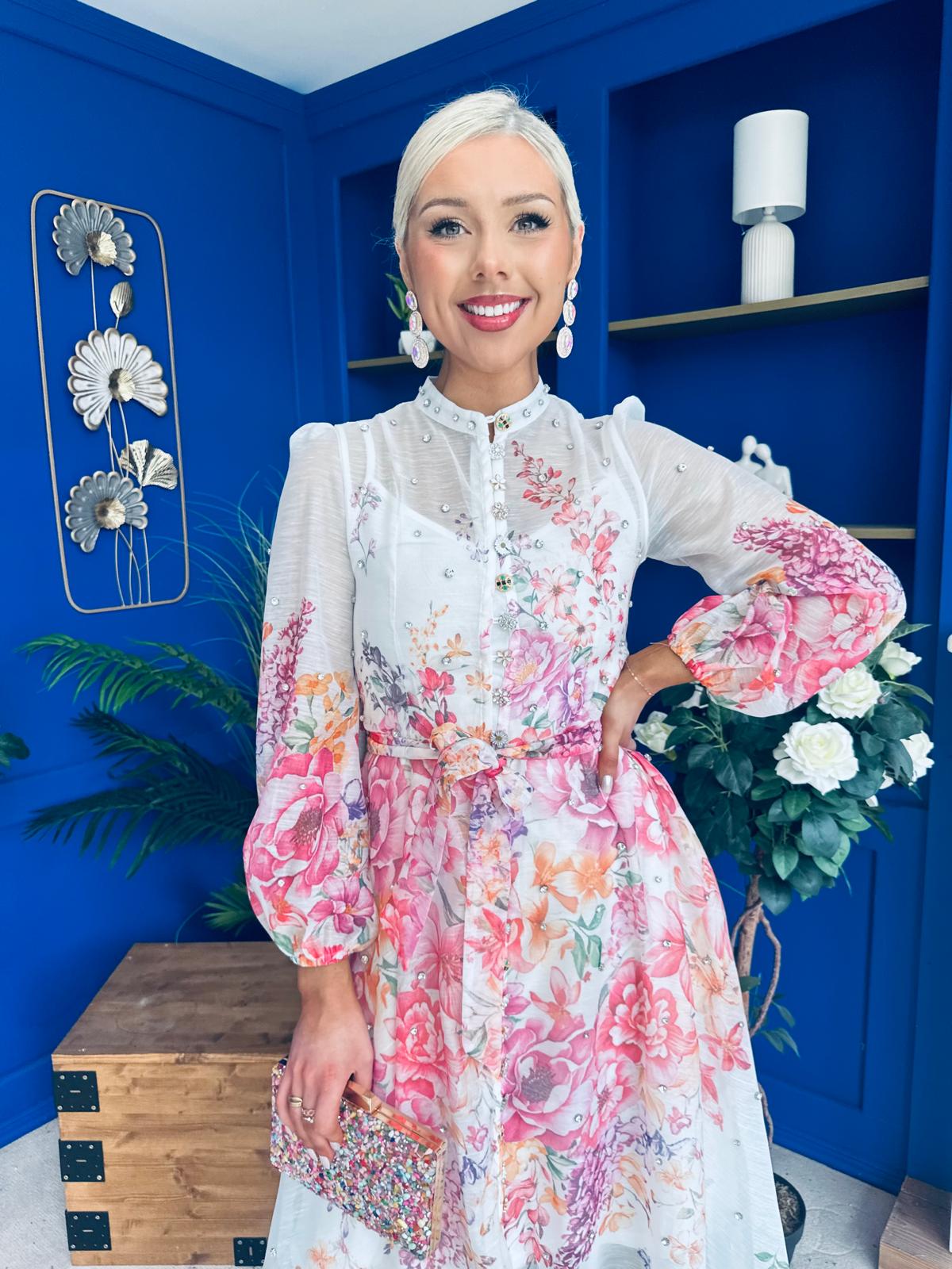 Bella Embellished Midi Shirt Dress Floral White