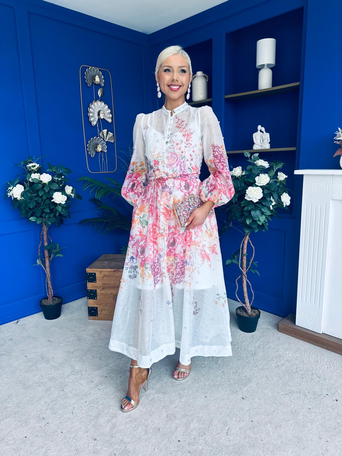 Bella Embellished Midi Shirt Dress Floral White