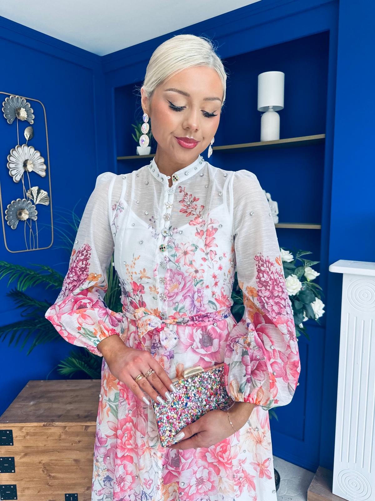 Bella Embellished Midi Shirt Dress Floral White