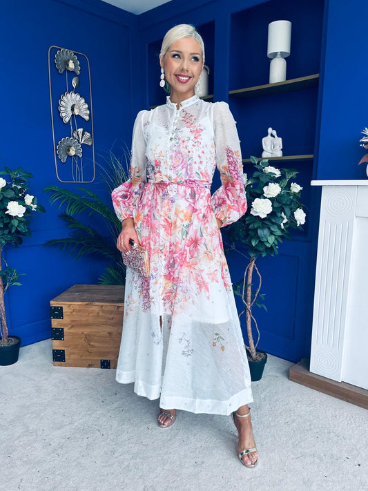 Bella Embellished Midi Shirt Dress Floral White