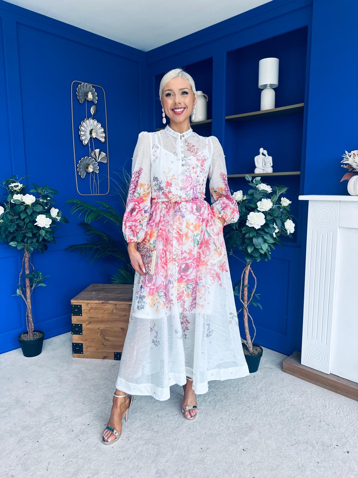 Bella Embellished Midi Shirt Dress Floral White