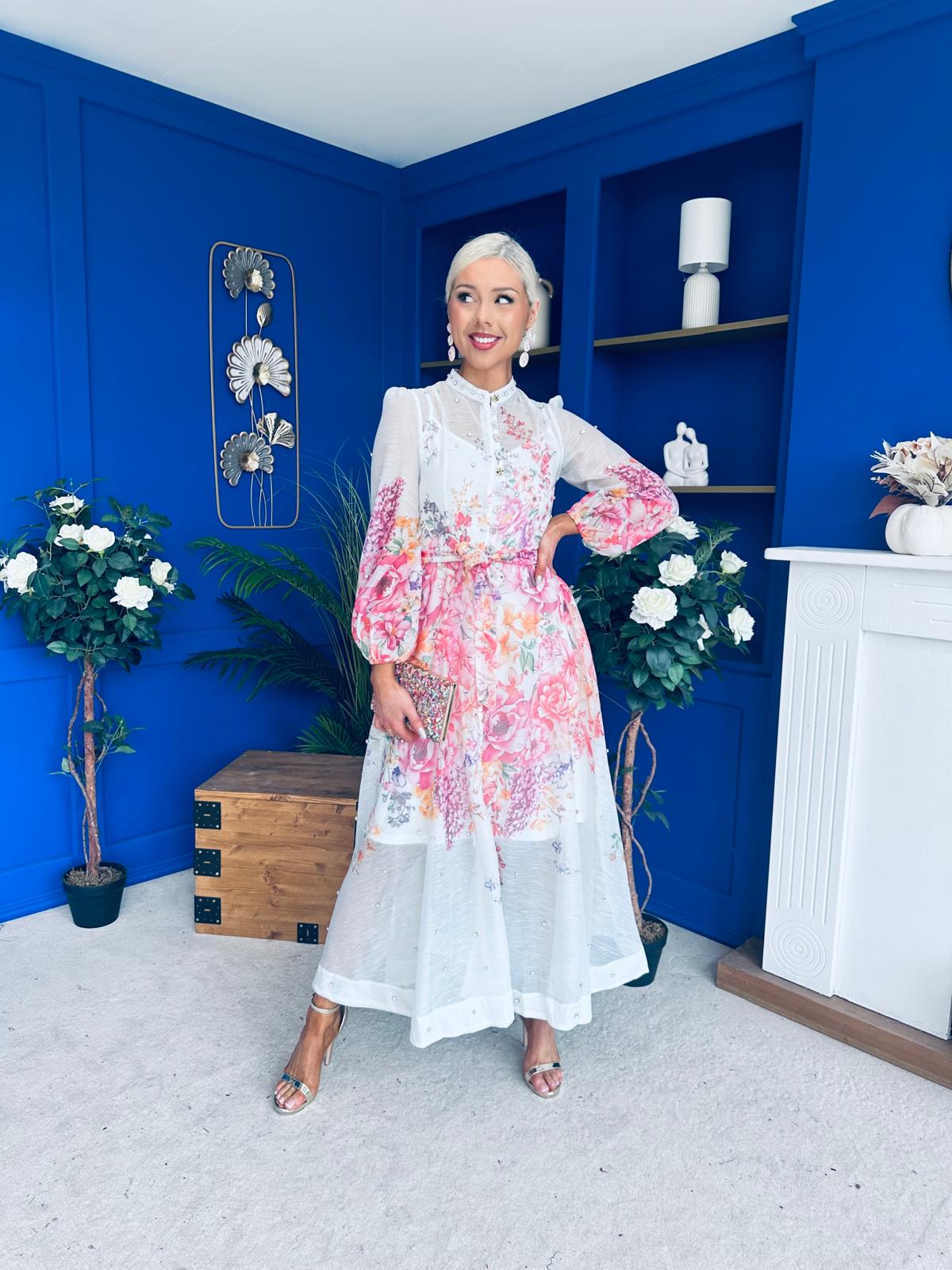 Bella Embellished Midi Shirt Dress Floral White