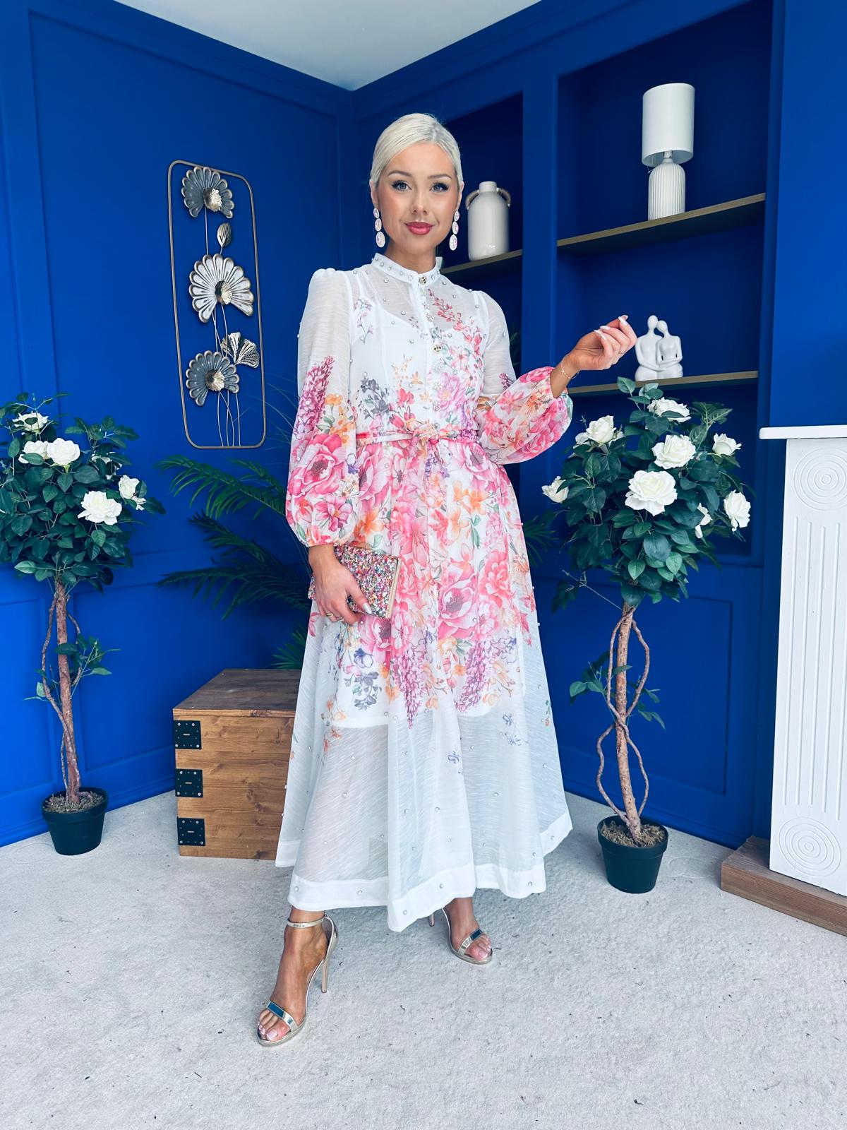 Bella Embellished Midi Shirt Dress Floral White