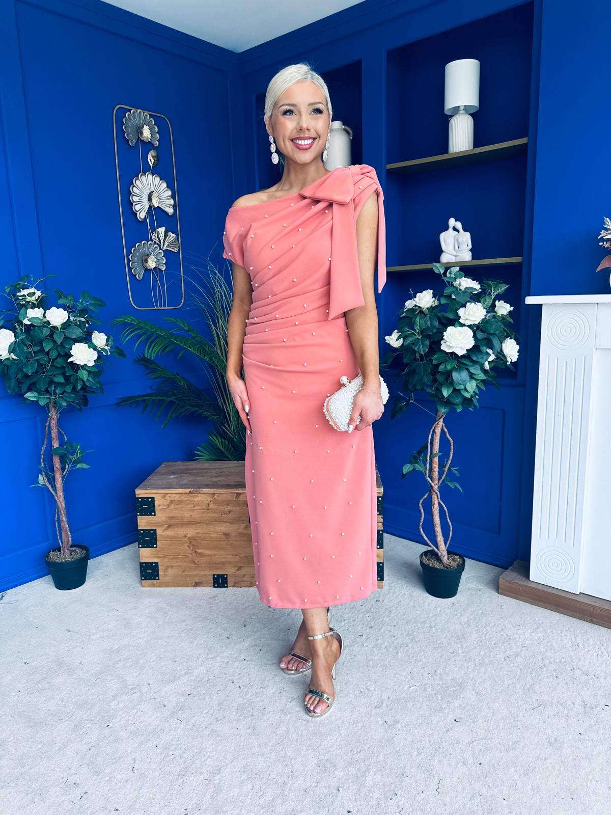 Monica Bow Detail Pearl Embellished Dress Coral