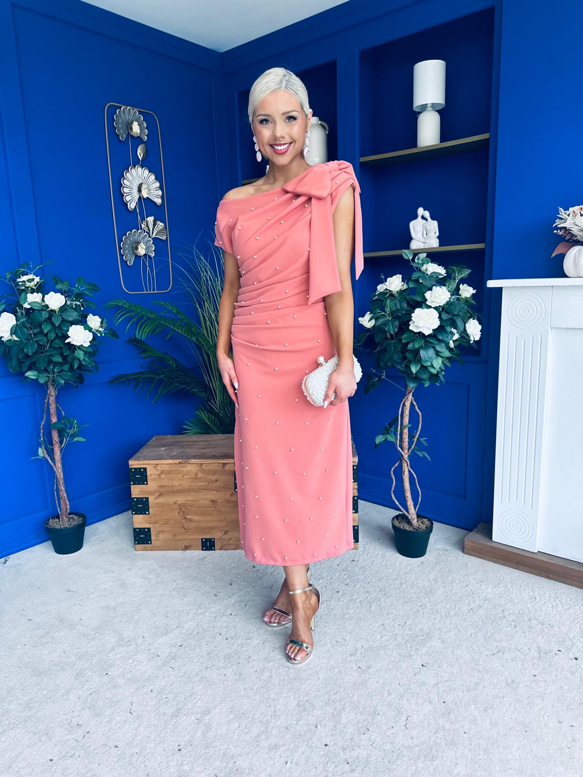 Monica Bow Detail Pearl Embellished Dress Coral