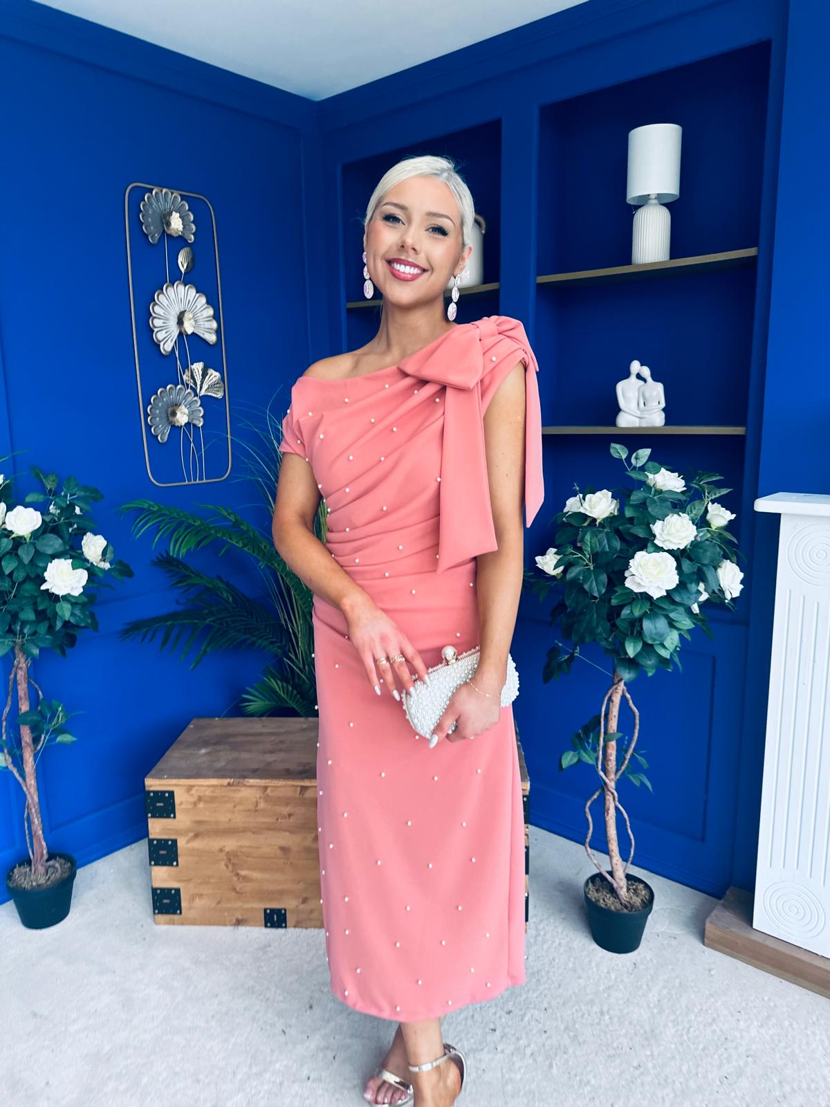 Monica Bow Detail Pearl Embellished Dress Coral