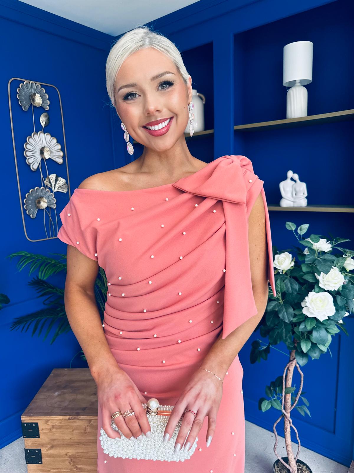 Monica Bow Detail Pearl Embellished Dress Coral