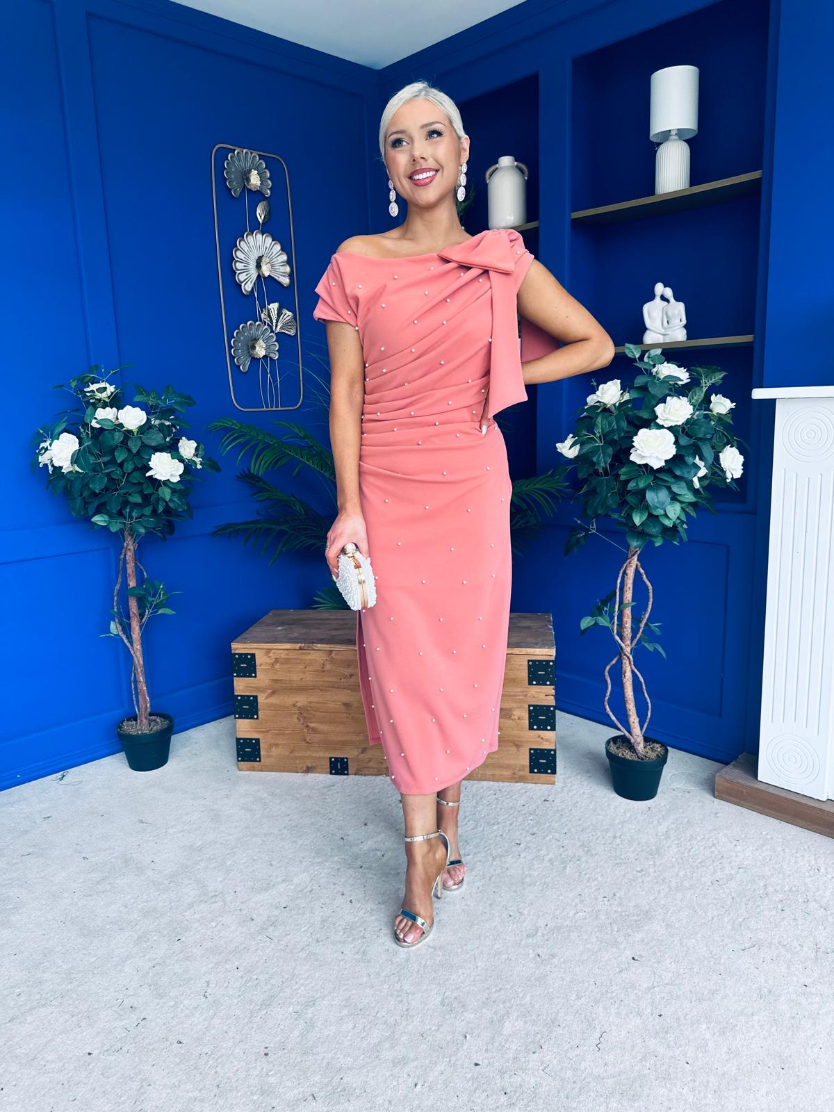 Monica Bow Detail Pearl Embellished Dress Coral