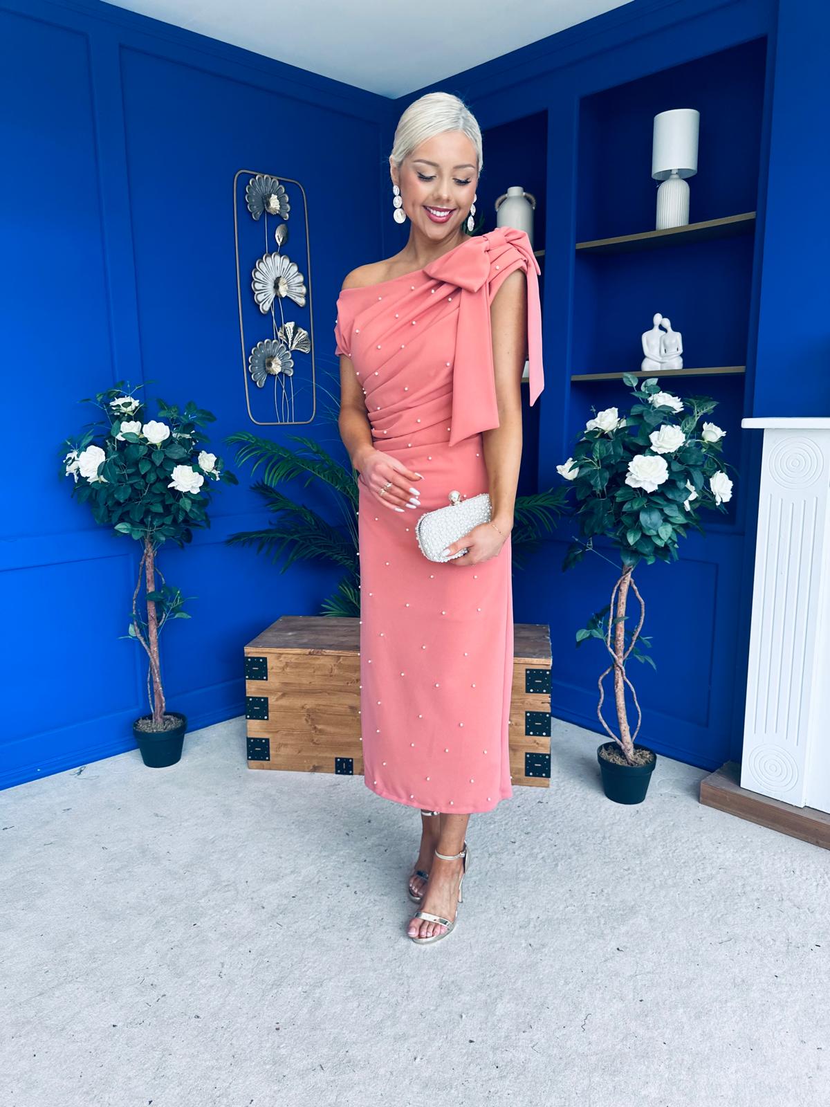 Monica Bow Detail Pearl Embellished Dress Coral