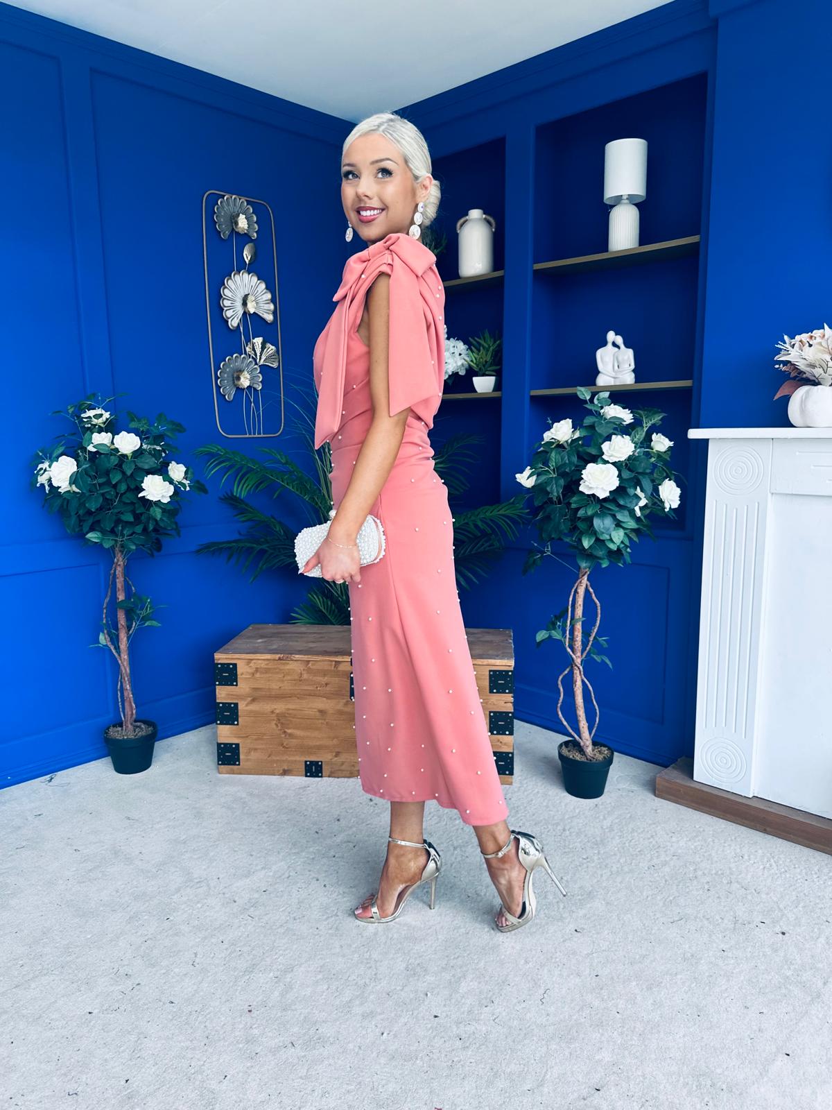 Monica Bow Detail Pearl Embellished Dress Coral