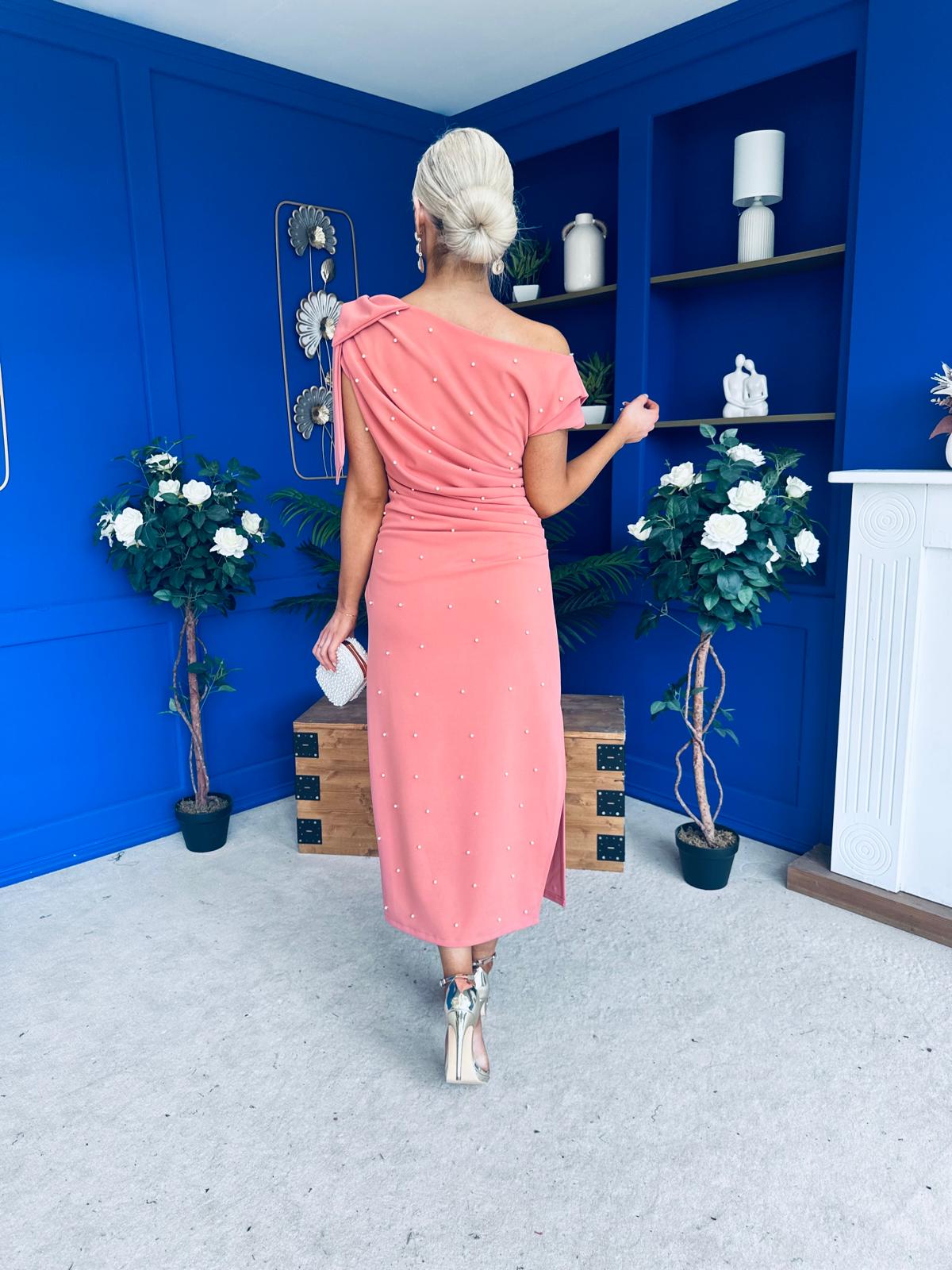 Monica Bow Detail Pearl Embellished Dress Coral