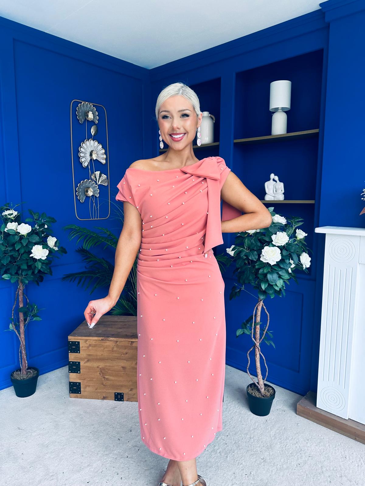 Monica Bow Detail Pearl Embellished Dress Coral