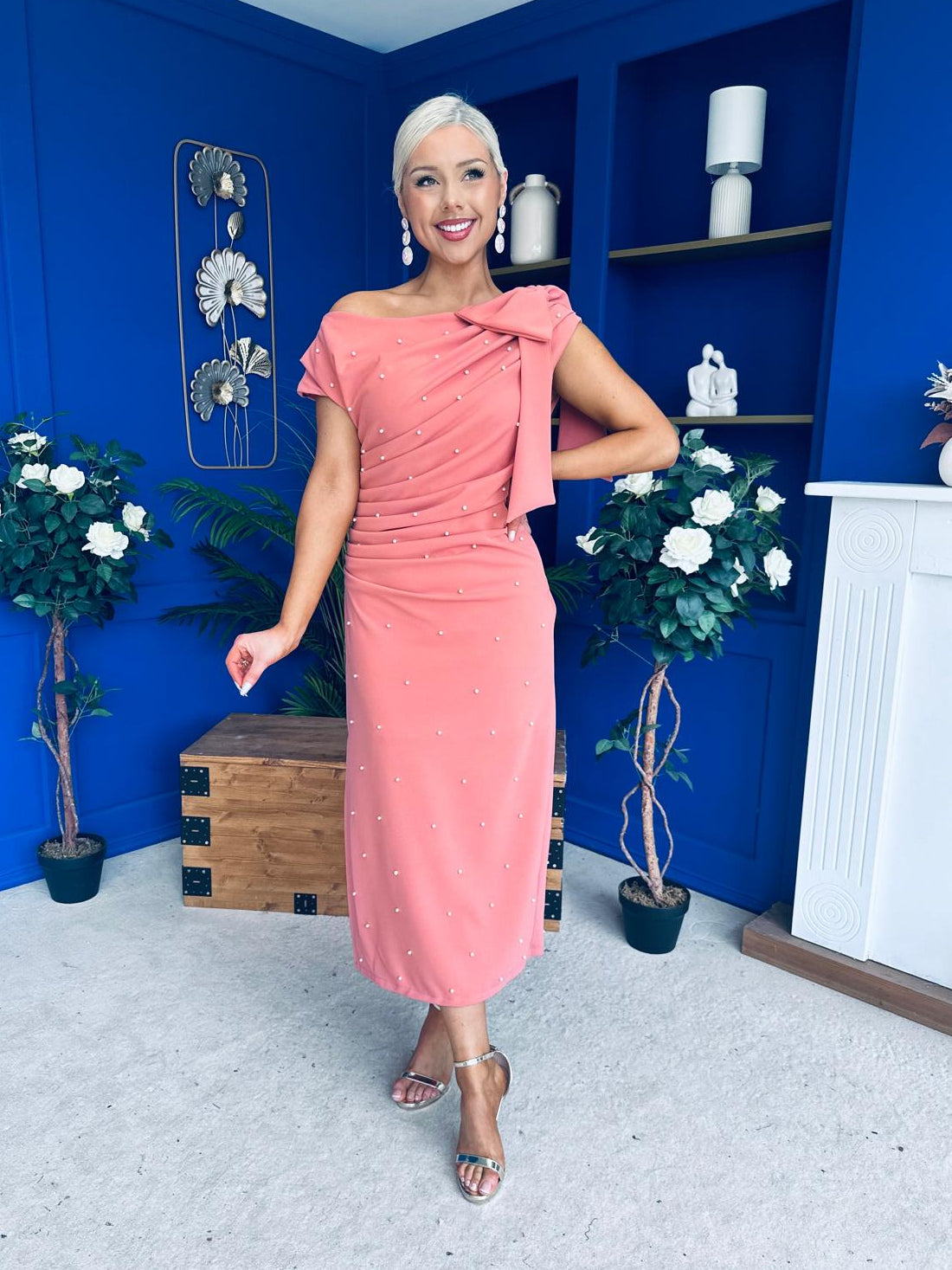 Monica Bow Detail Pearl Embellished Dress Coral