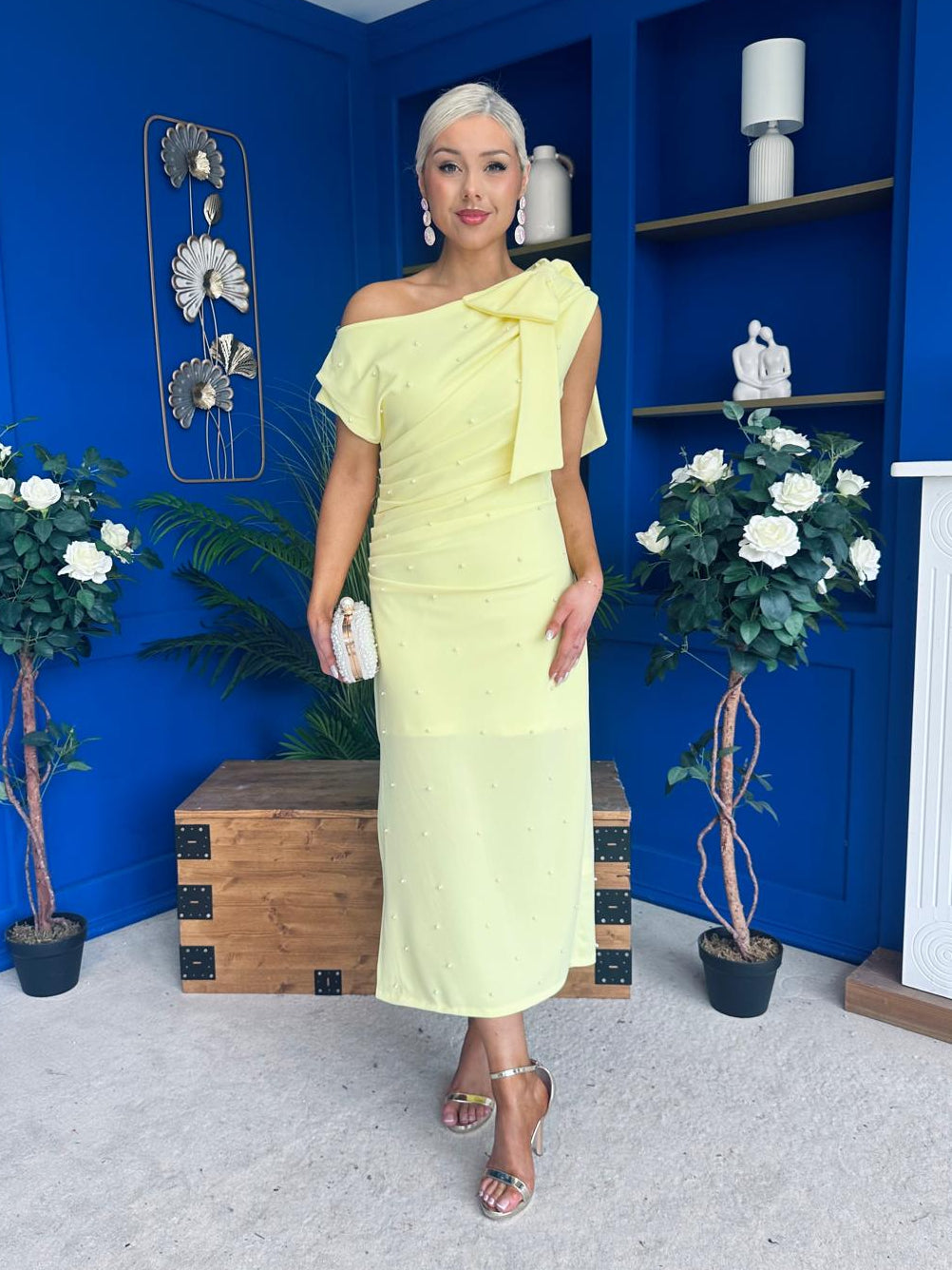 Monica Bow Detail Pearl Embellished Dress Yellow