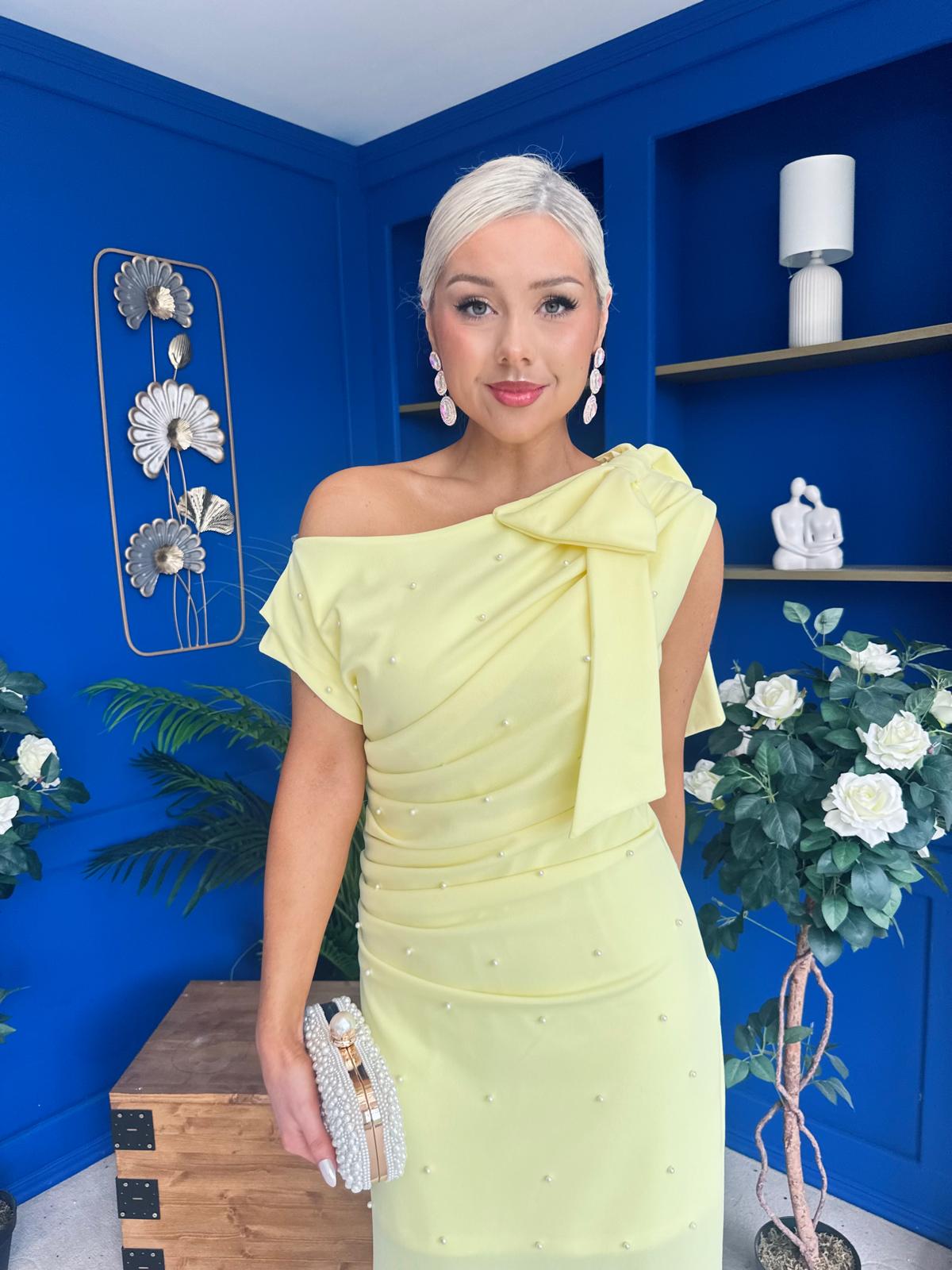 Monica Bow Detail Pearl Embellished Dress Yellow