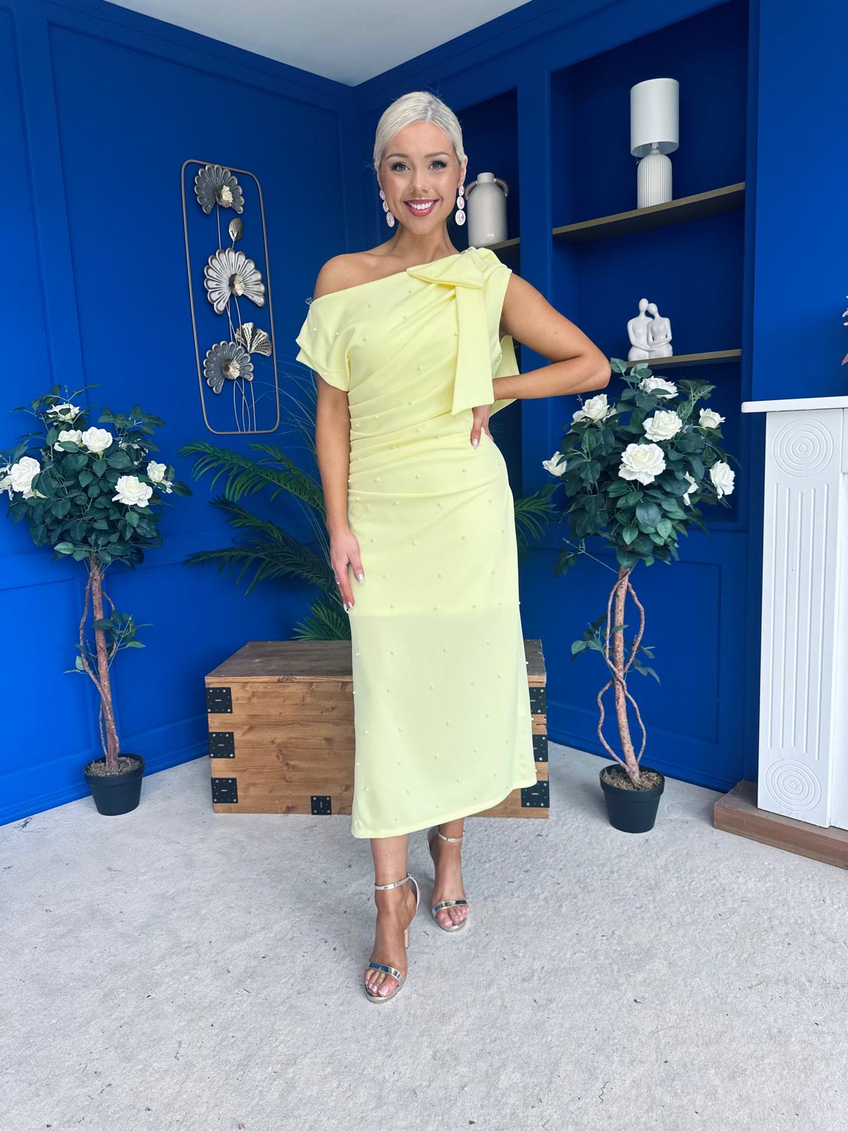 Monica Bow Detail Pearl Embellished Dress Yellow