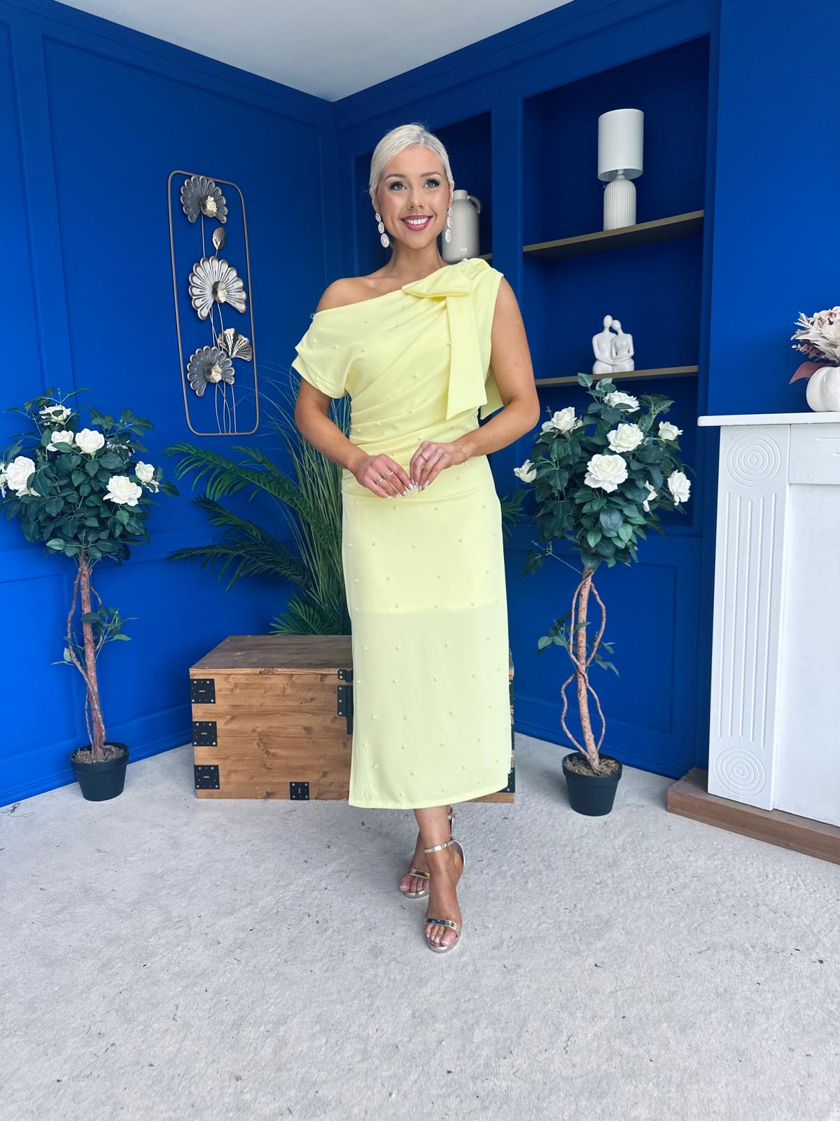 Monica Bow Detail Pearl Embellished Dress Yellow