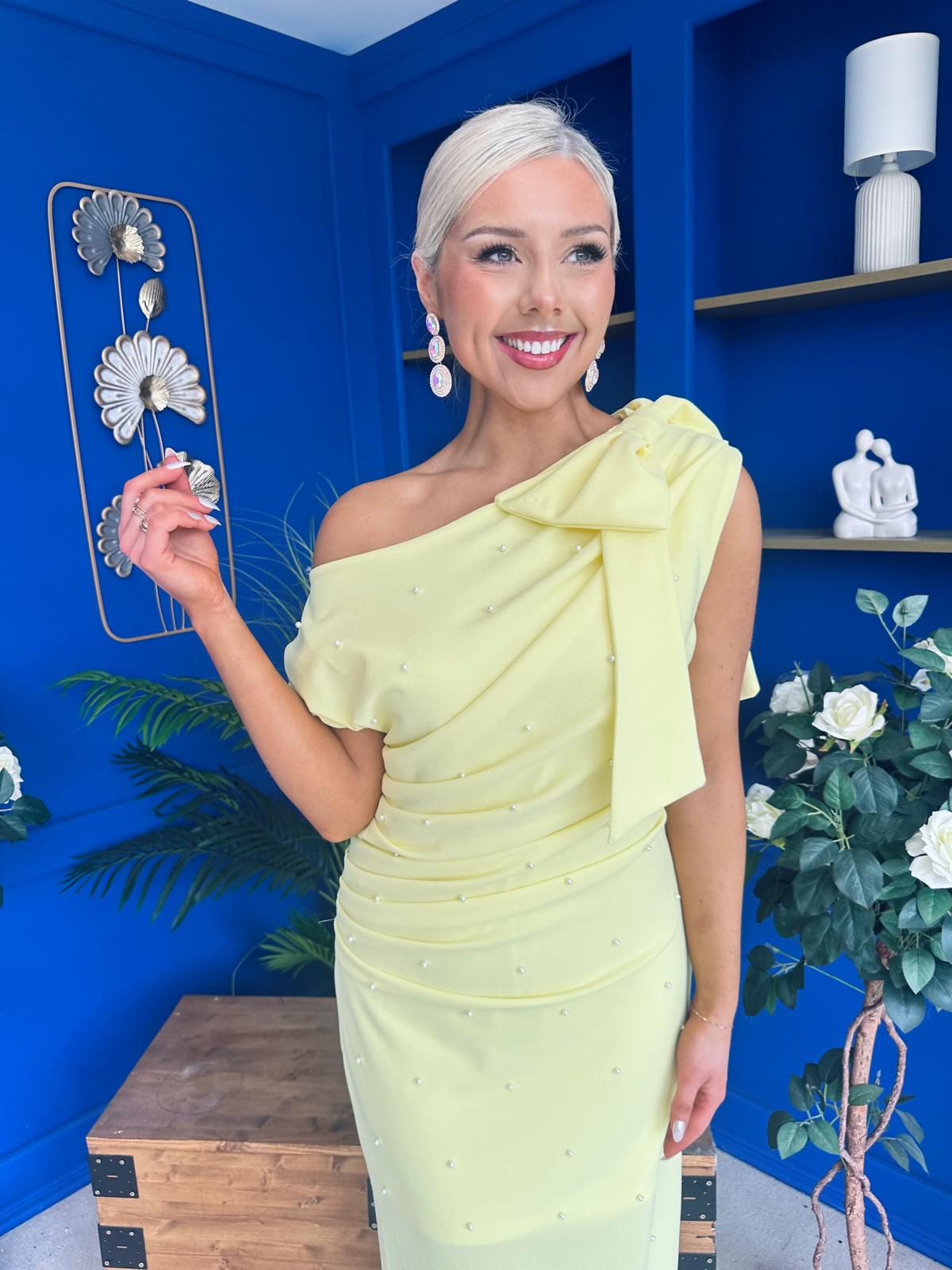 Monica Bow Detail Pearl Embellished Dress Yellow