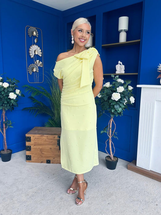 Monica Bow Detail Pearl Embellished Dress Yellow