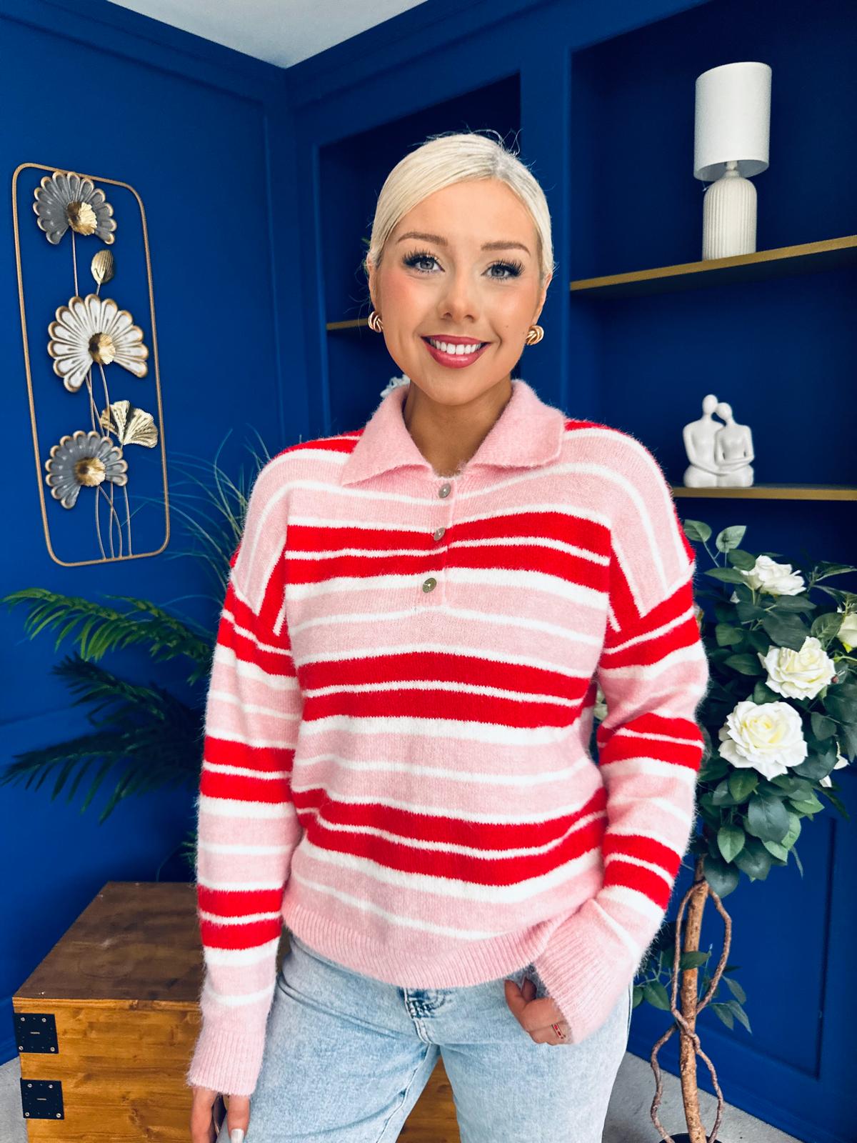 Felicity Striped Knit Jumper Red