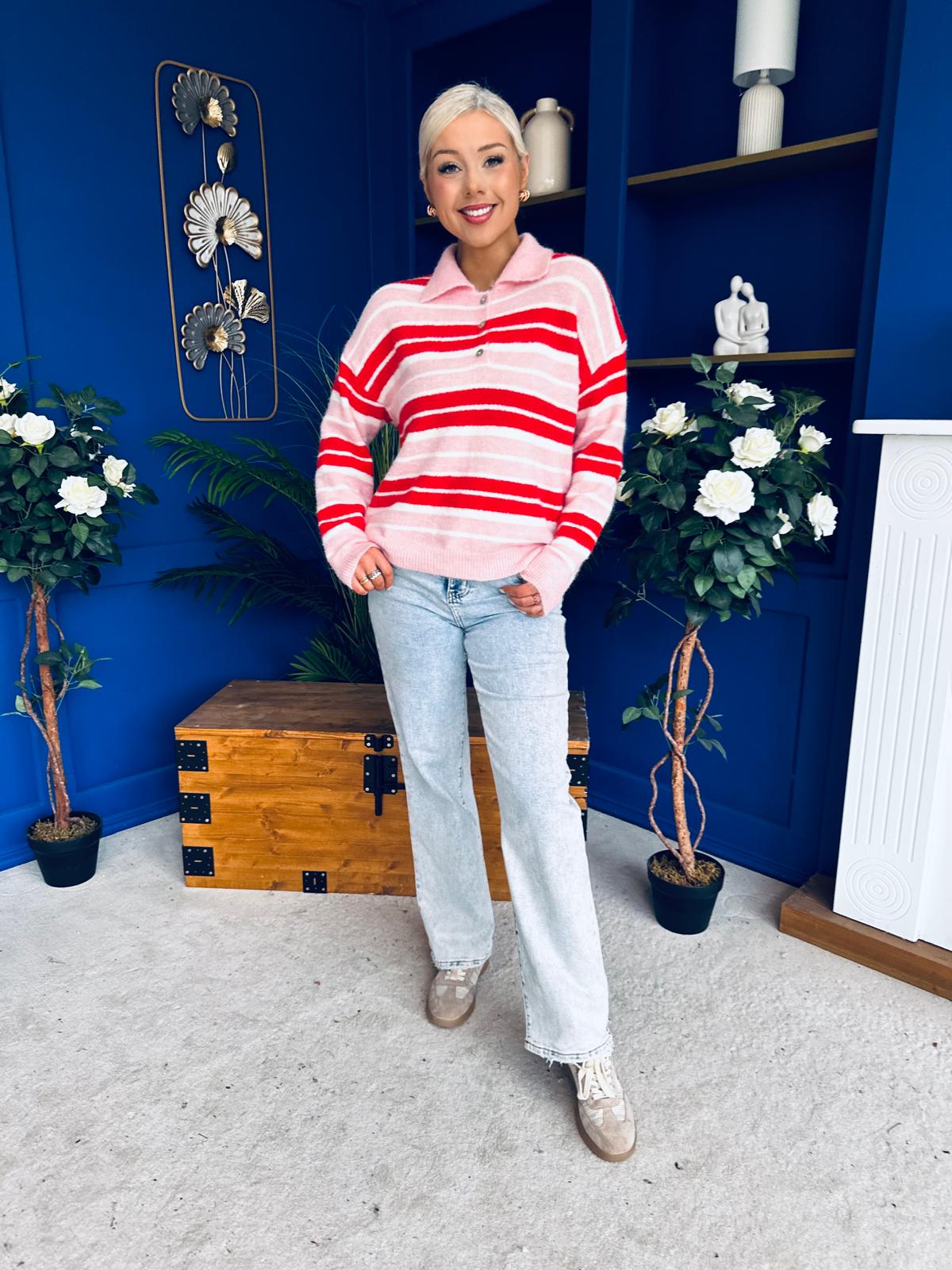 Felicity Striped Knit Jumper Red