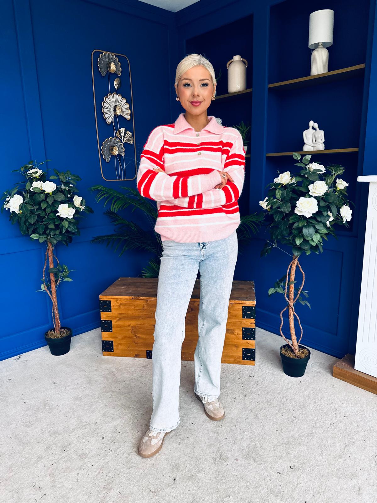 Felicity Striped Knit Jumper Red