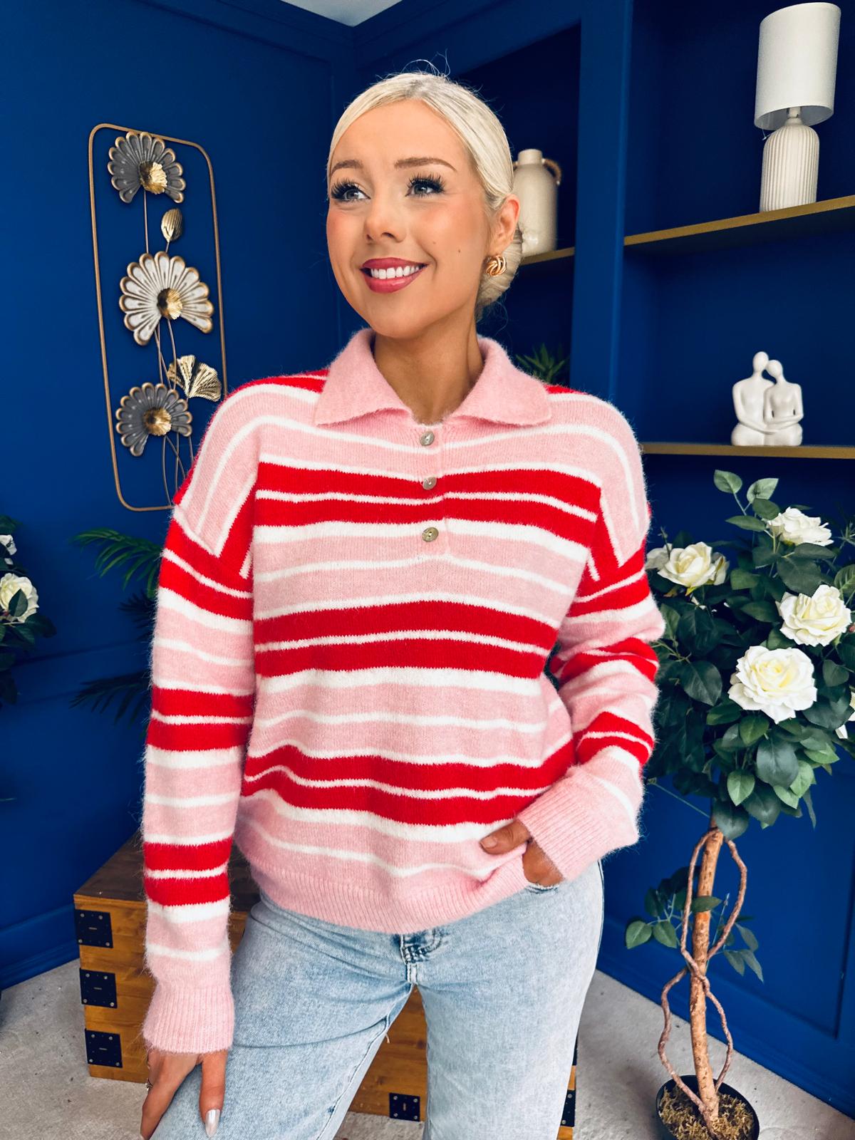 Felicity Striped Knit Jumper Red