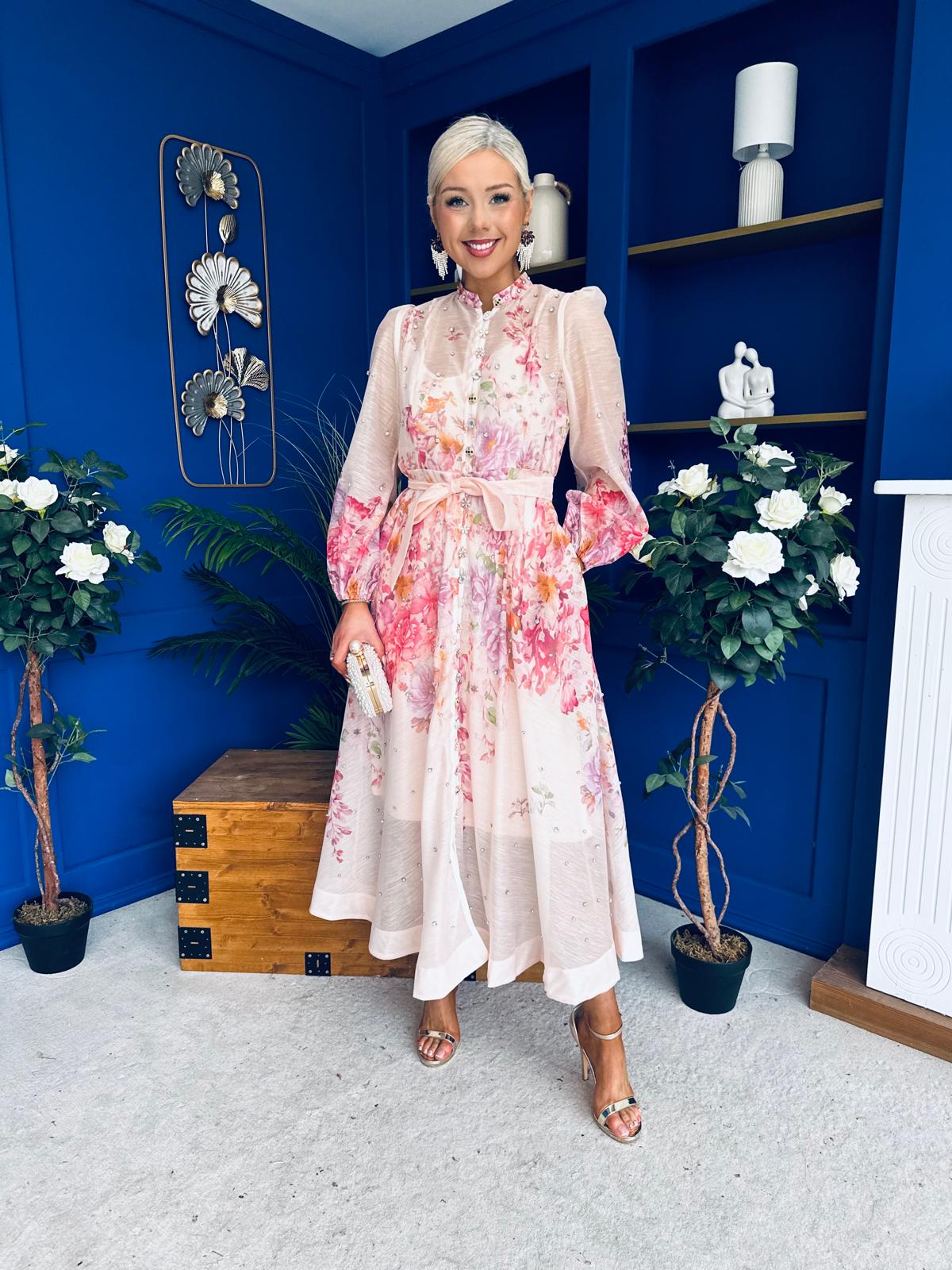 Emily Embellished Midi Shirt Dress Floral Pink