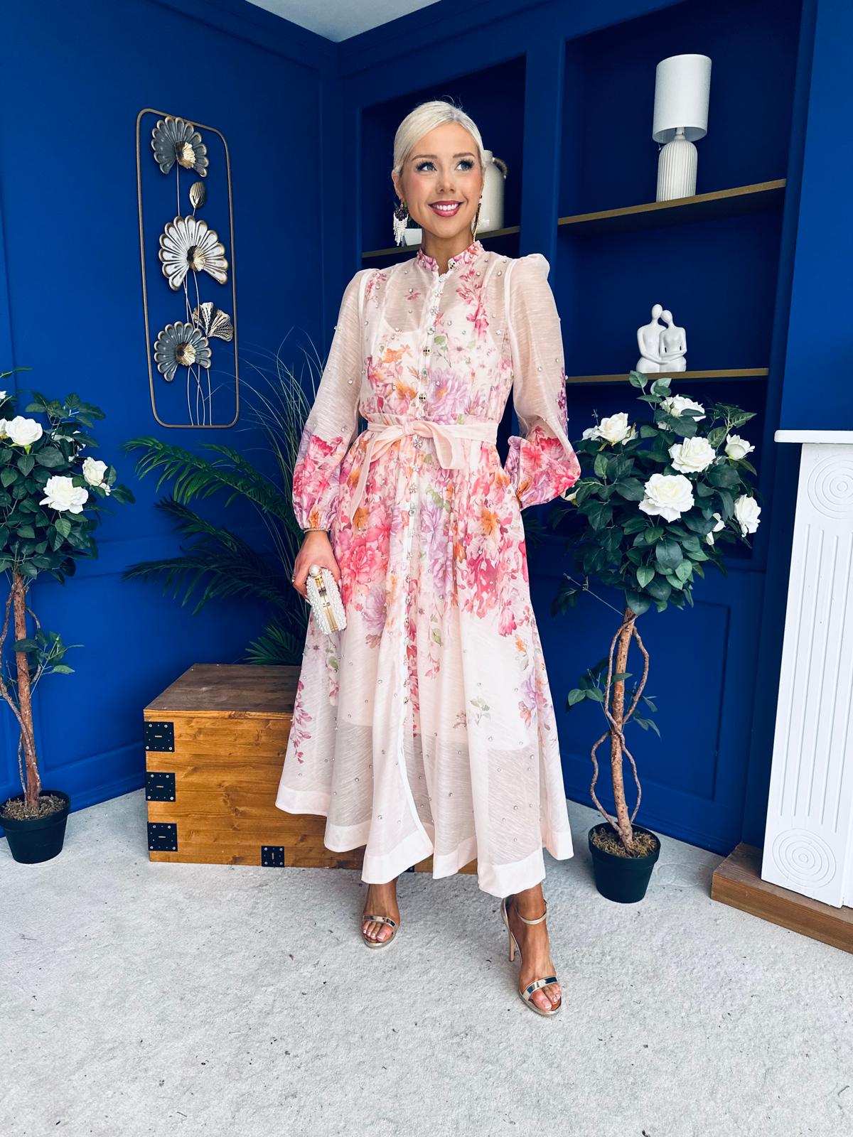 Emily Embellished Midi Shirt Dress Floral Pink