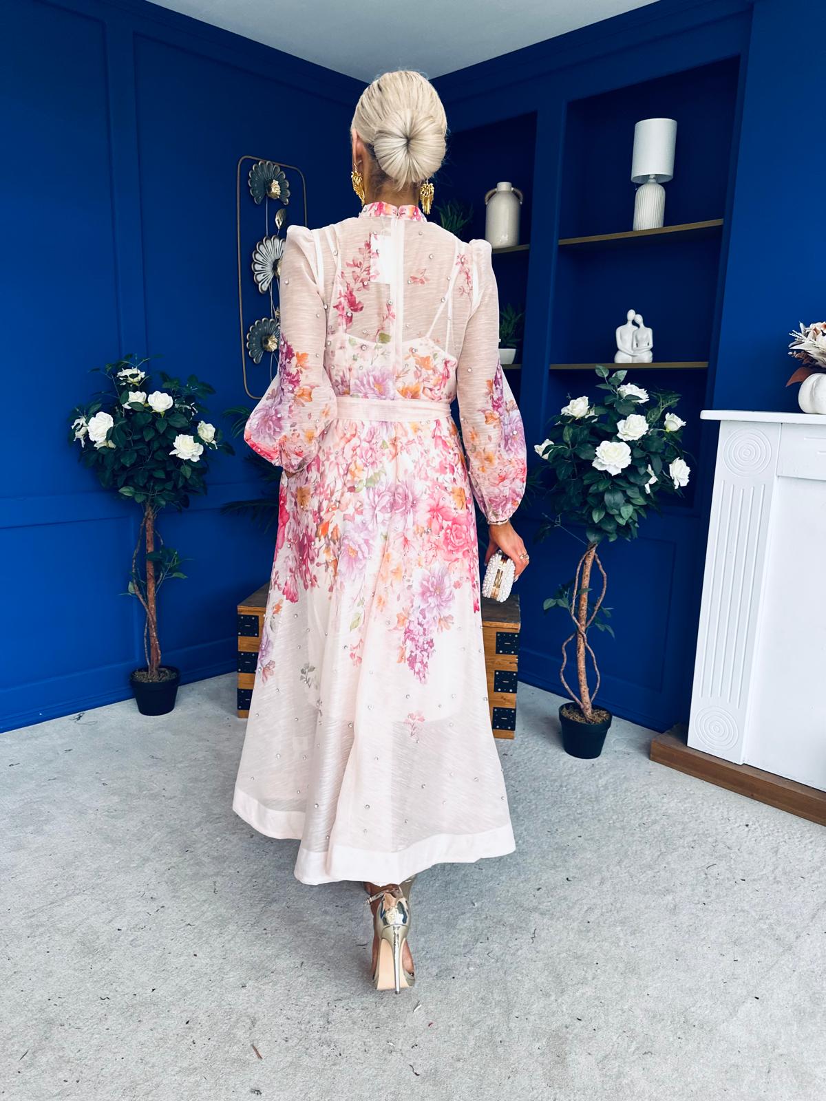 Emily Embellished Midi Shirt Dress Floral Pink