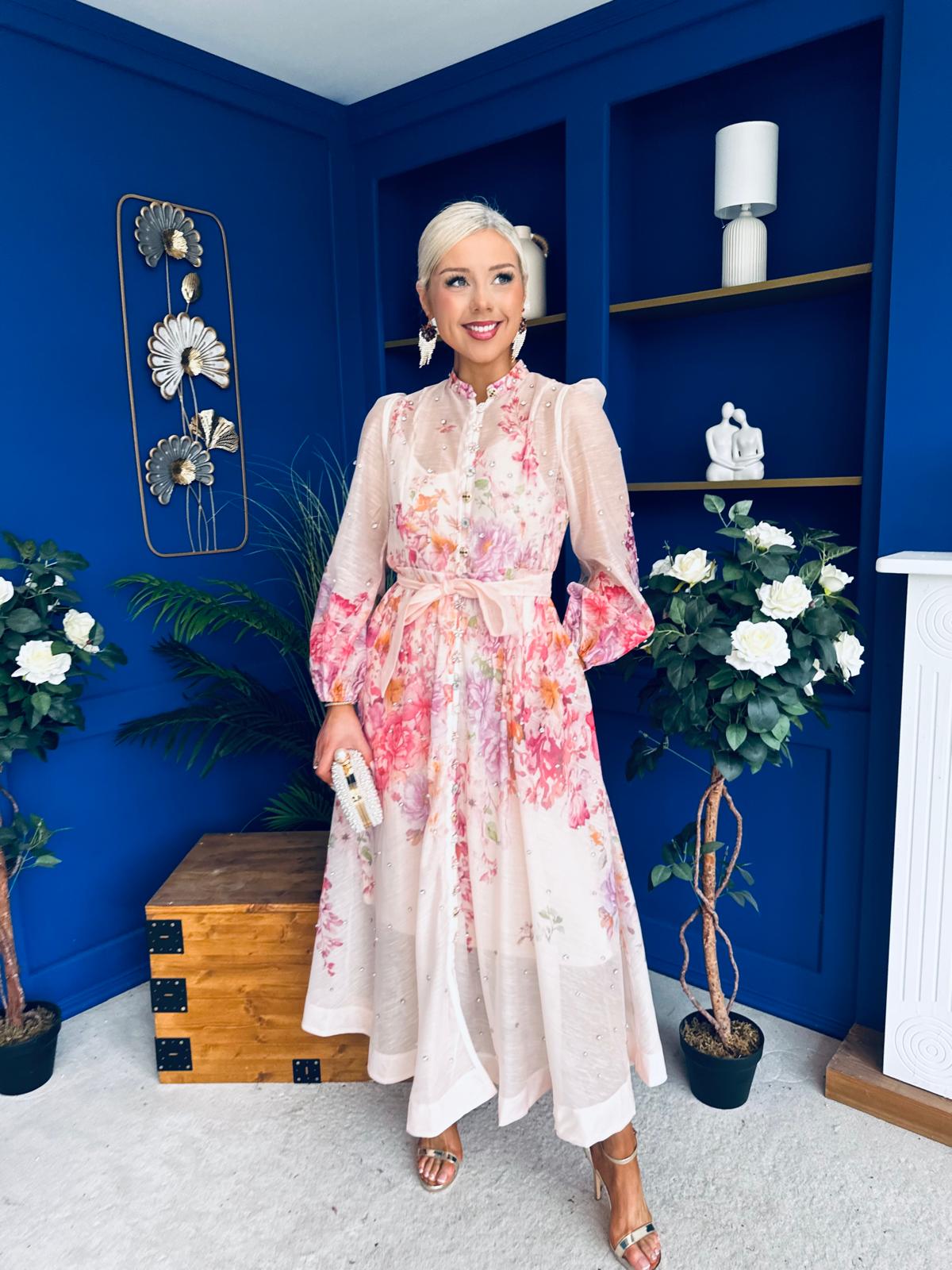 Emily Embellished Midi Shirt Dress Floral Pink