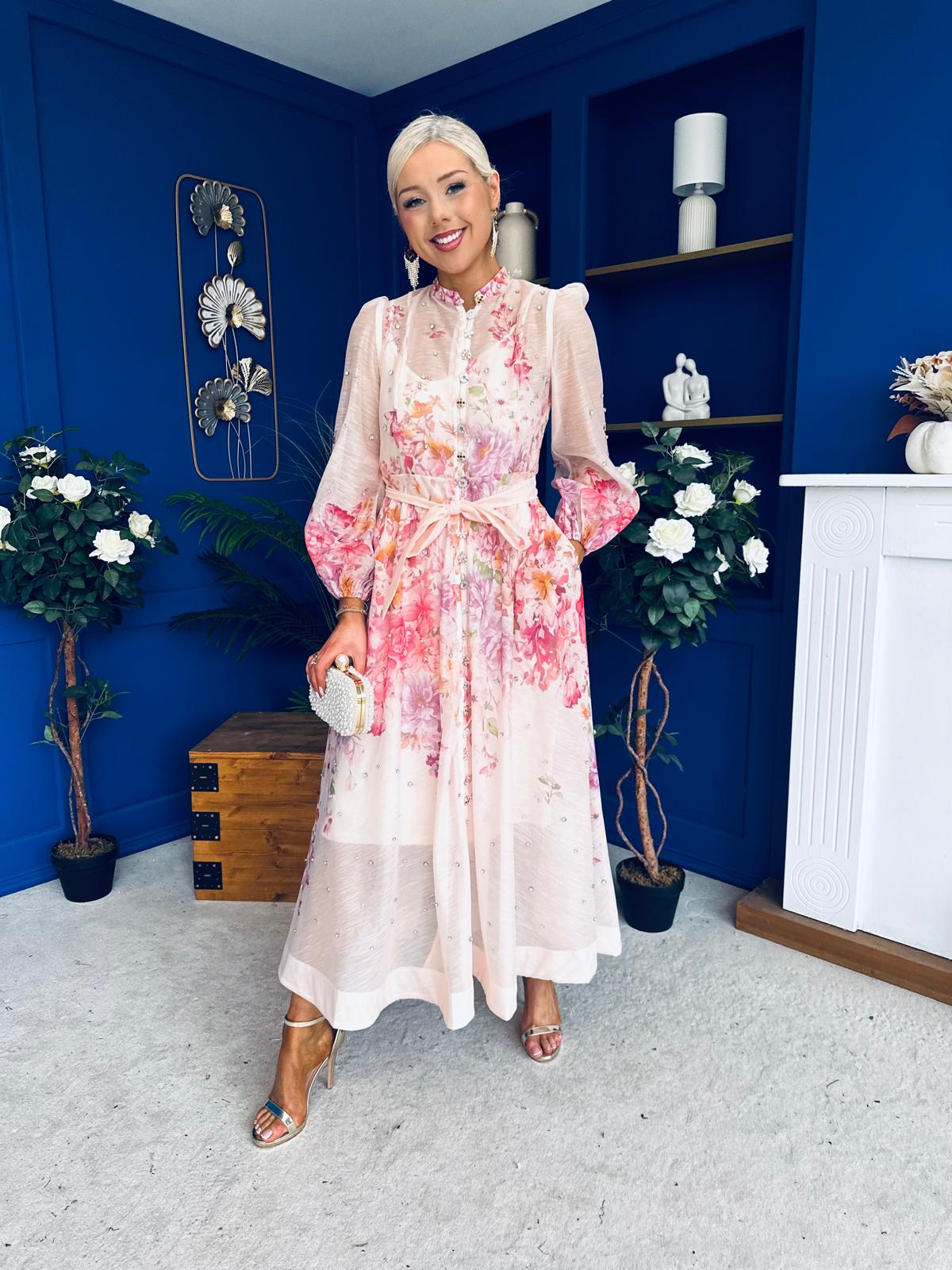 Emily Embellished Midi Shirt Dress Floral Pink