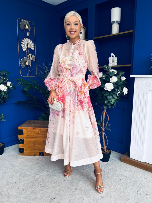 Emily Embellished Midi Shirt Dress Floral Pink