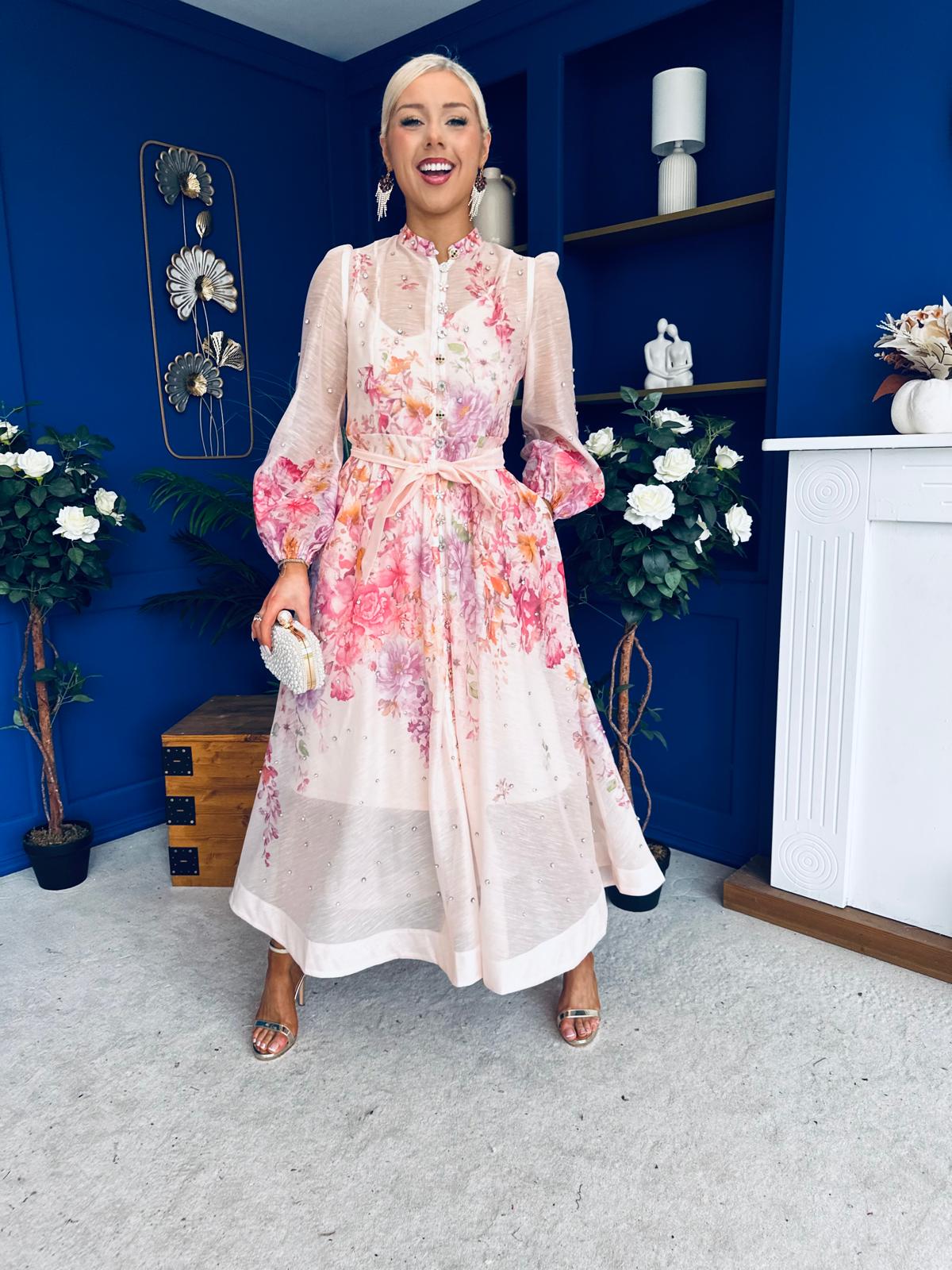 Emily Embellished Midi Shirt Dress Floral Pink