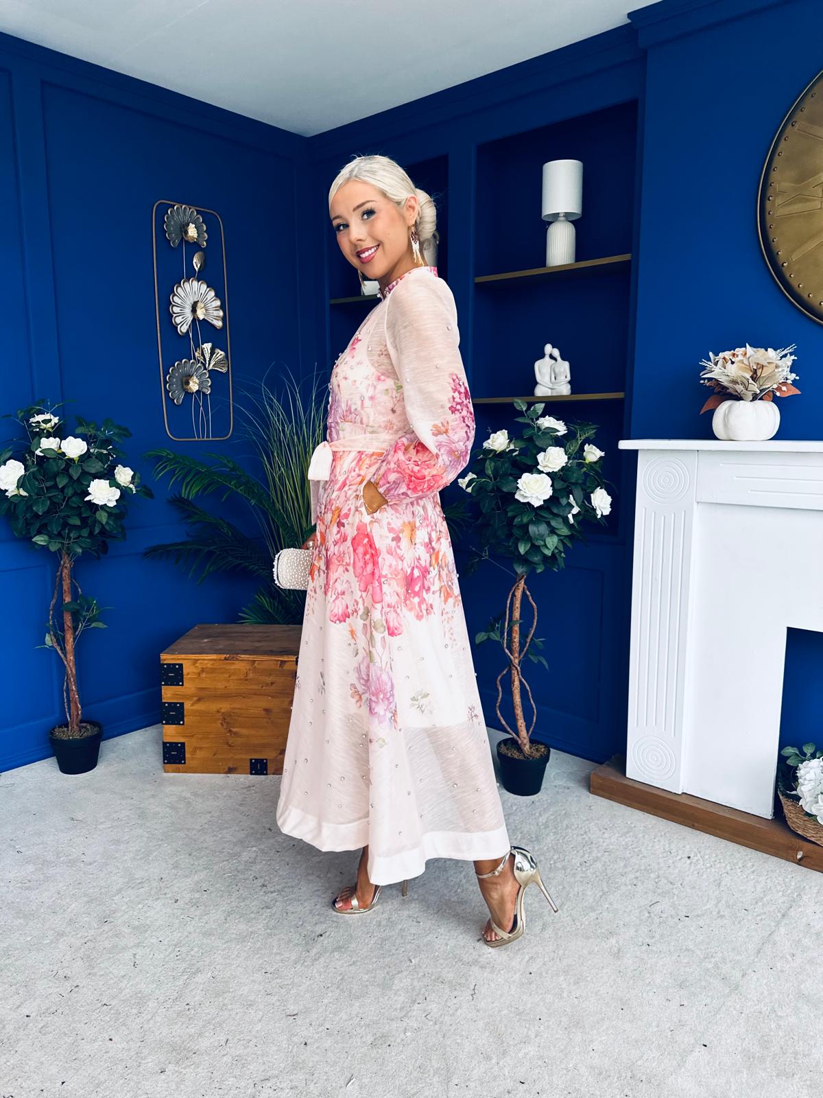 Emily Embellished Midi Shirt Dress Floral Pink