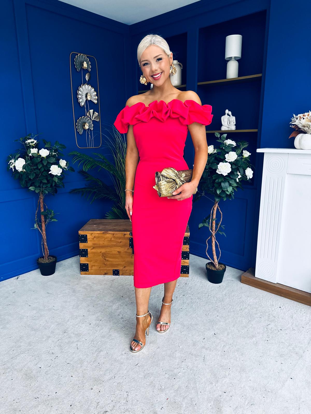 Angelica Ruffle Detail Bardot Midi Dress Magenta