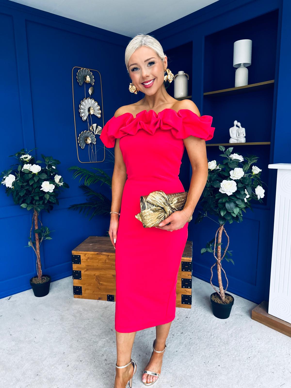Angelica Ruffle Detail Bardot Midi Dress Magenta
