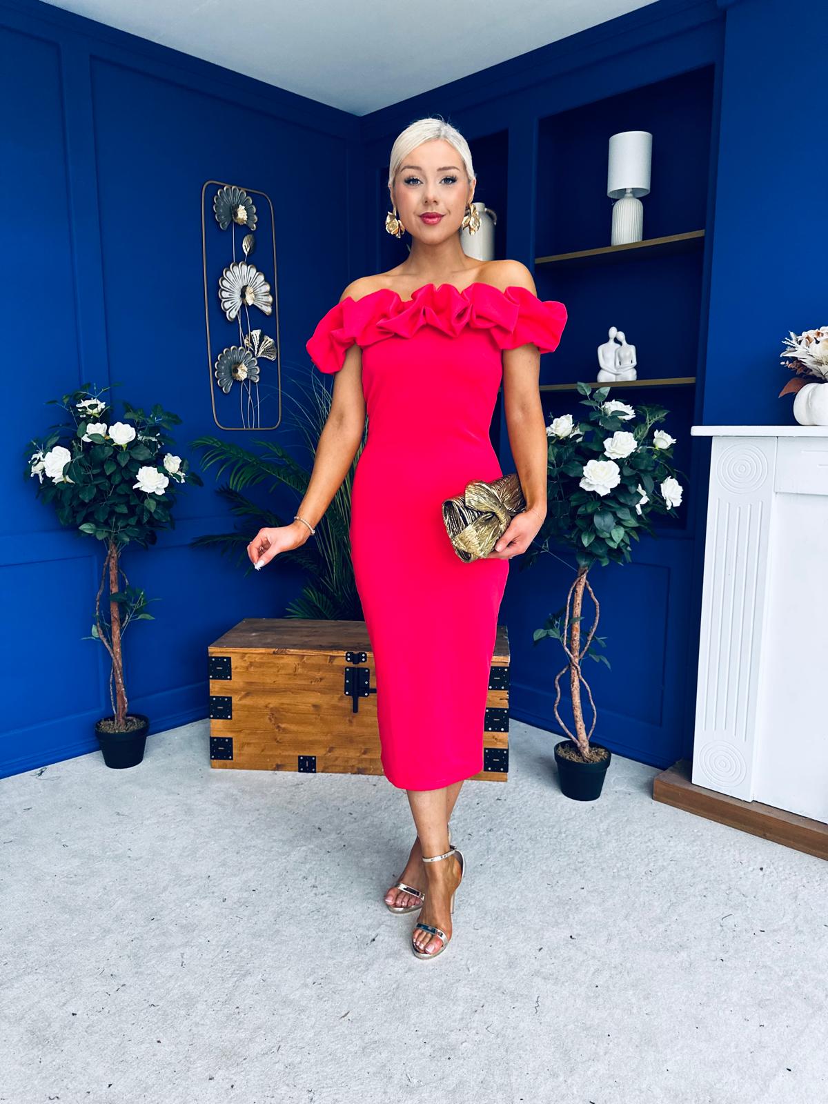 strapless open back dress Angelica Ruffle Detail Bardot Midi Dress Magenta – Canella Lane