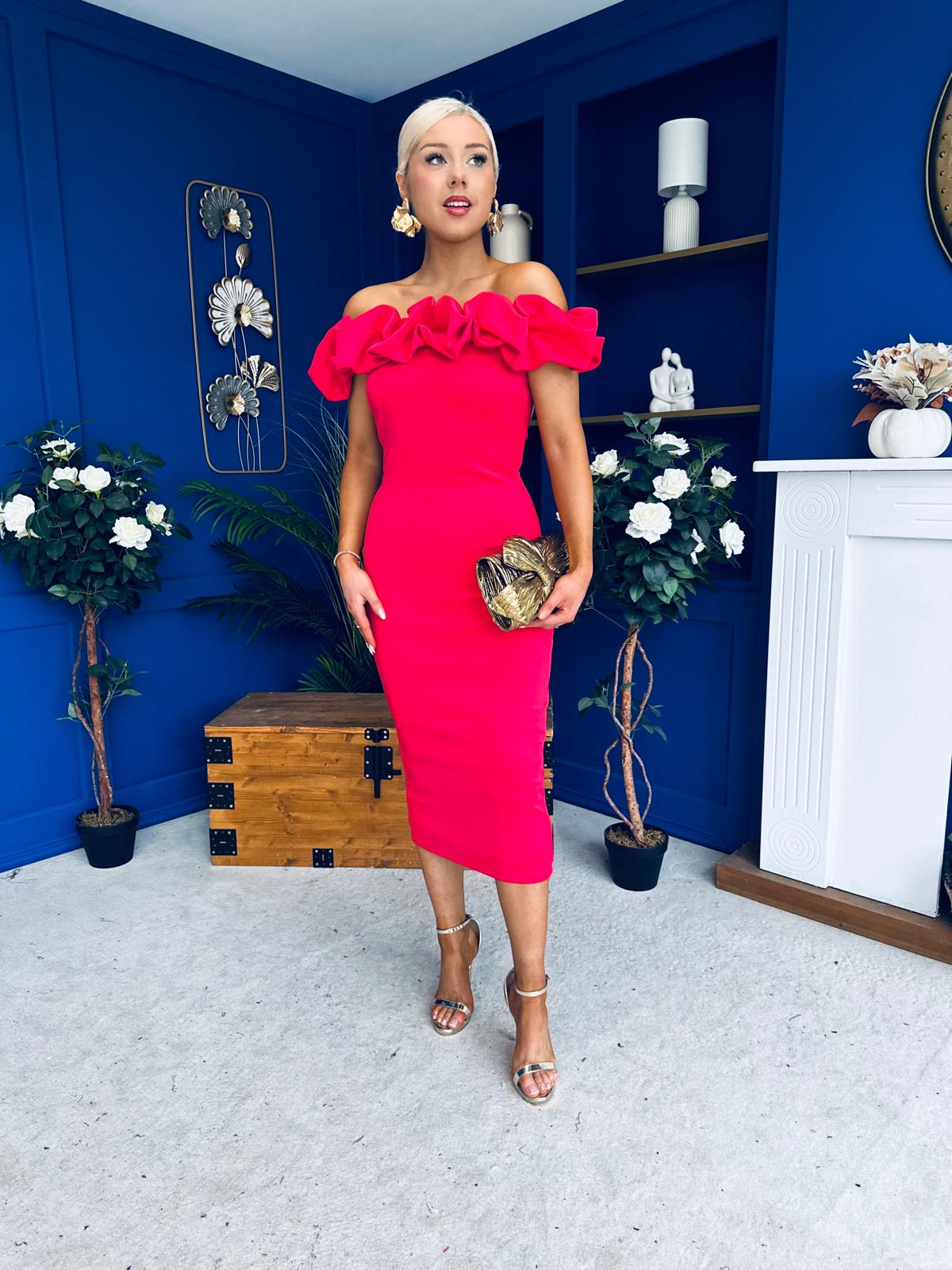 Angelica Ruffle Detail Bardot Midi Dress Magenta