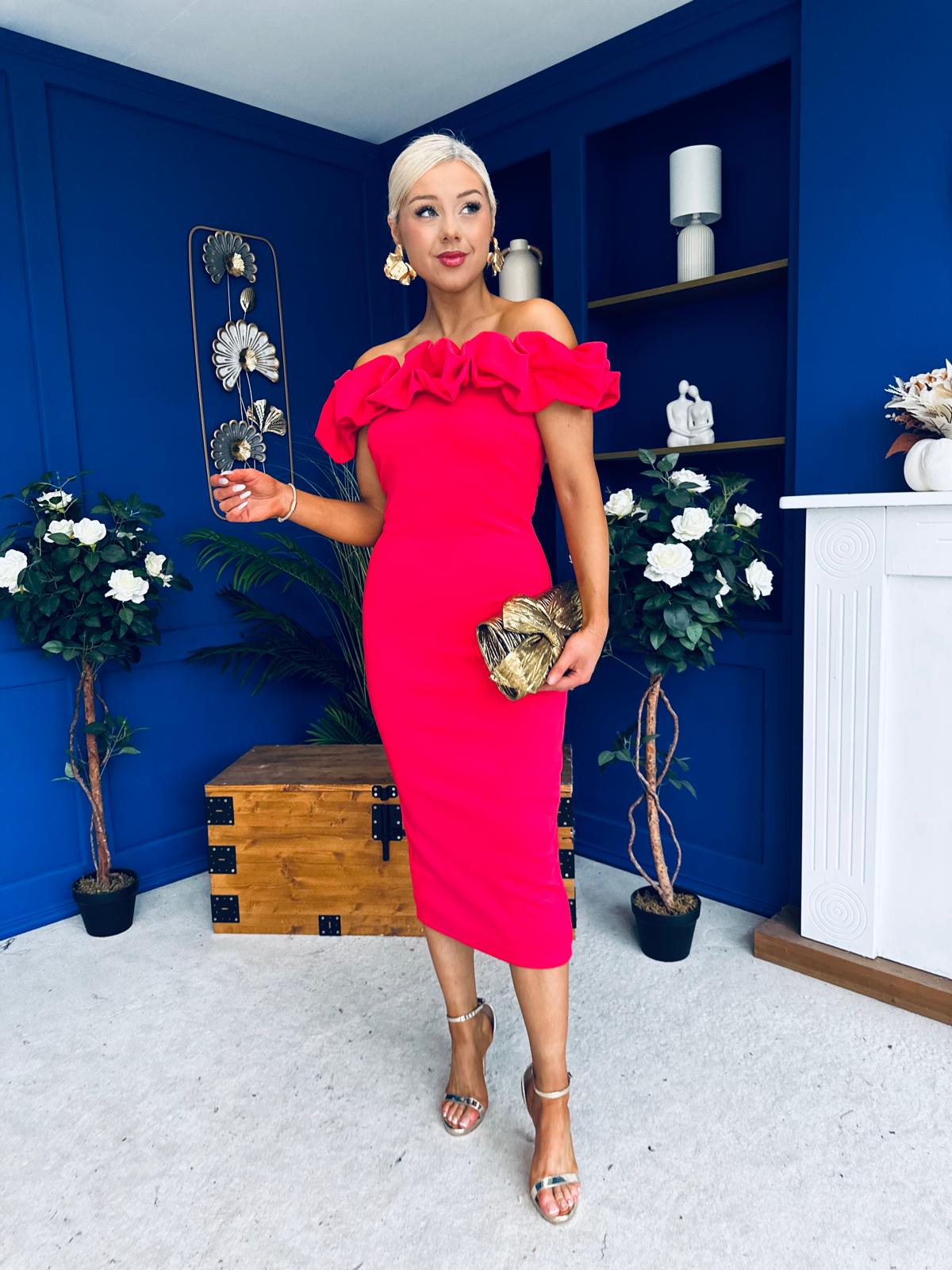 Angelica Ruffle Detail Bardot Midi Dress Magenta