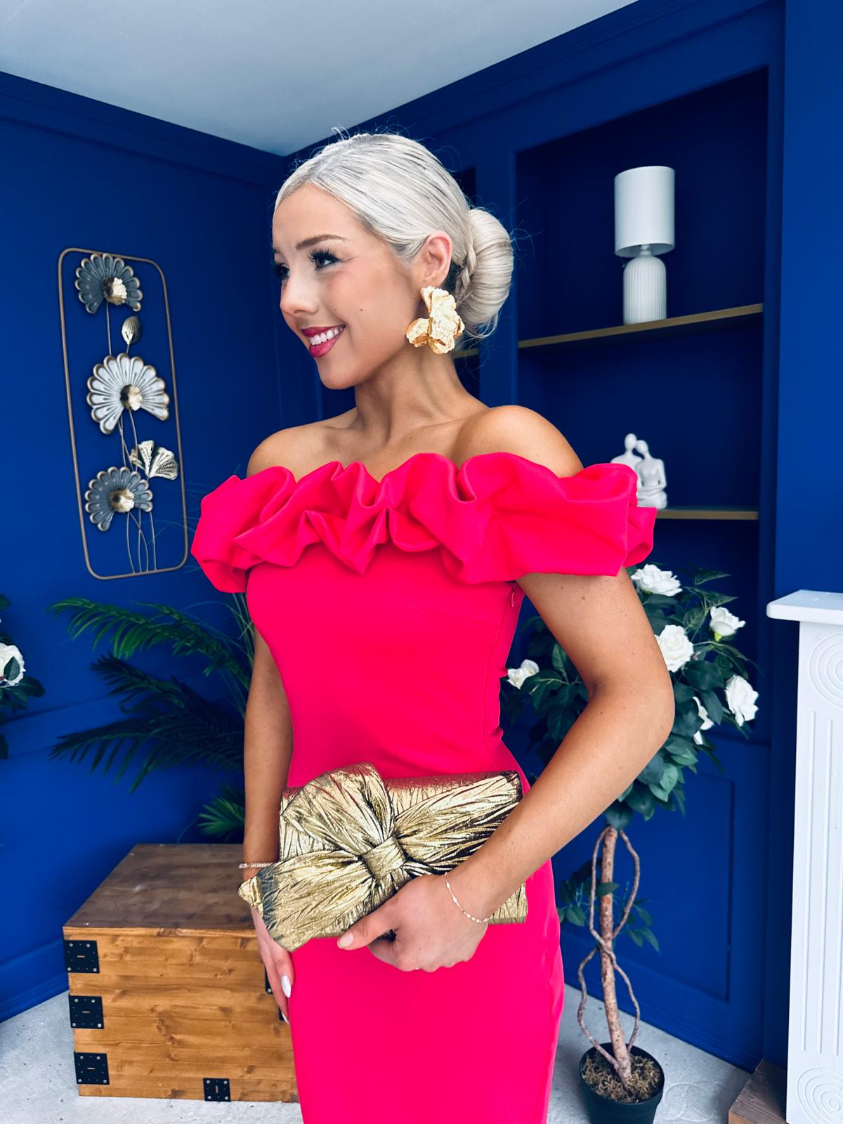 Angelica Ruffle Detail Bardot Midi Dress Magenta