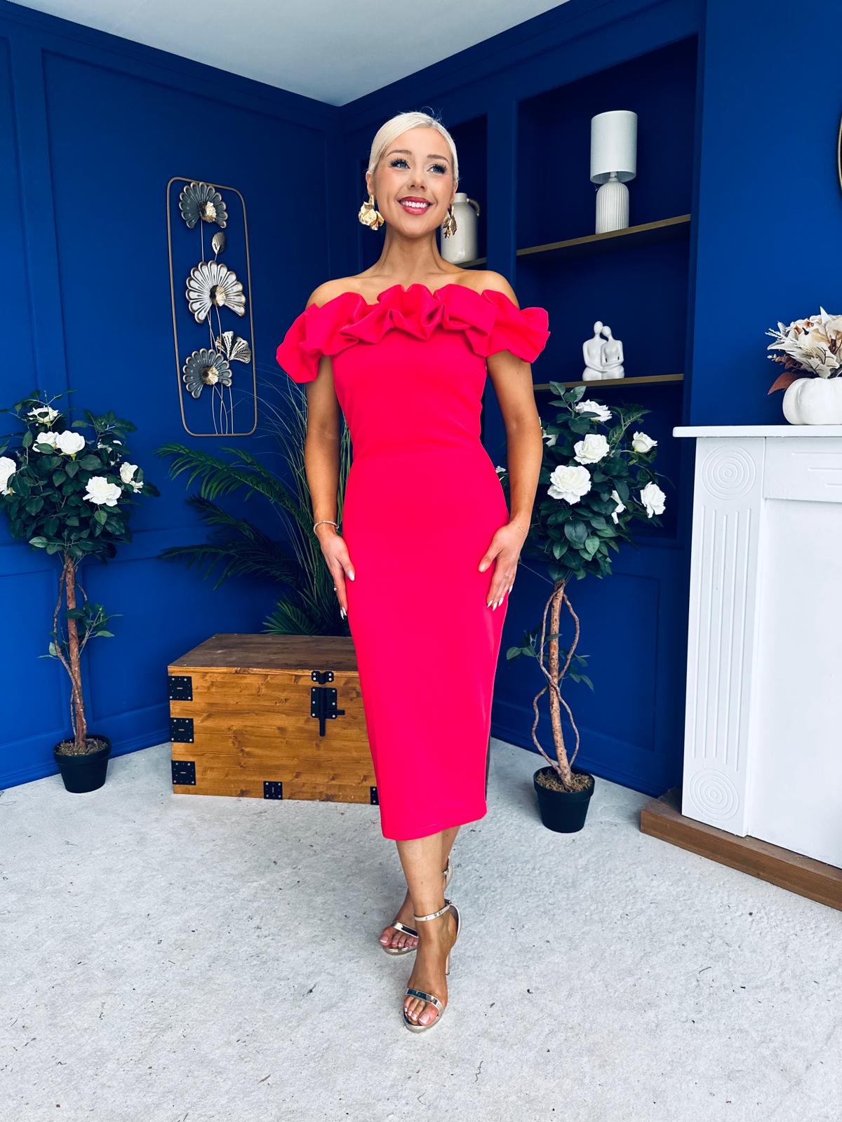 Angelica Ruffle Detail Bardot Midi Dress Magenta
