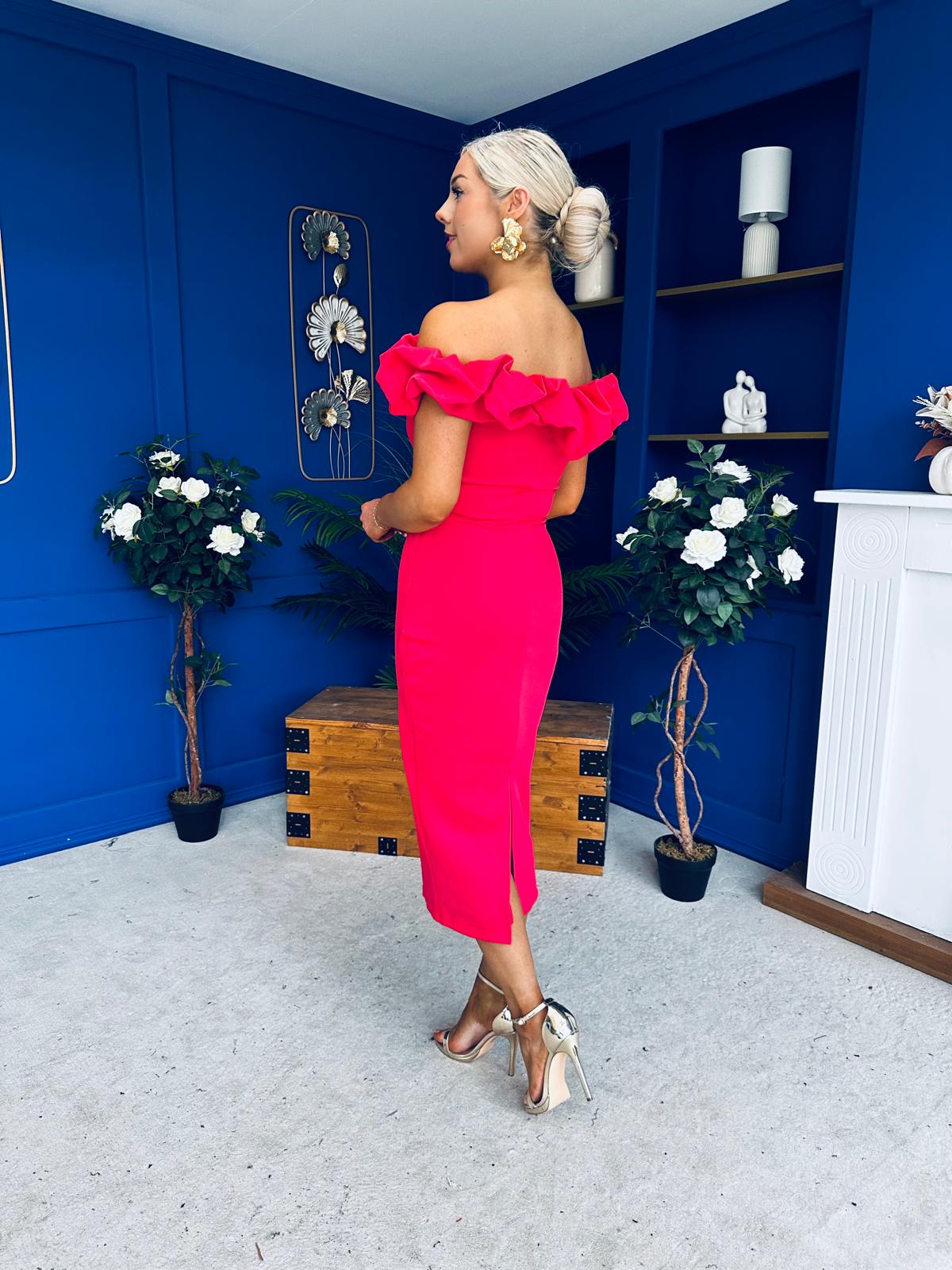 Angelica Ruffle Detail Bardot Midi Dress Magenta