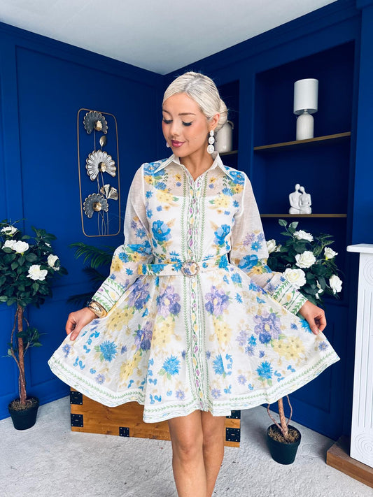 Kyla Detailed Mini Shirt Dress Floral Cream