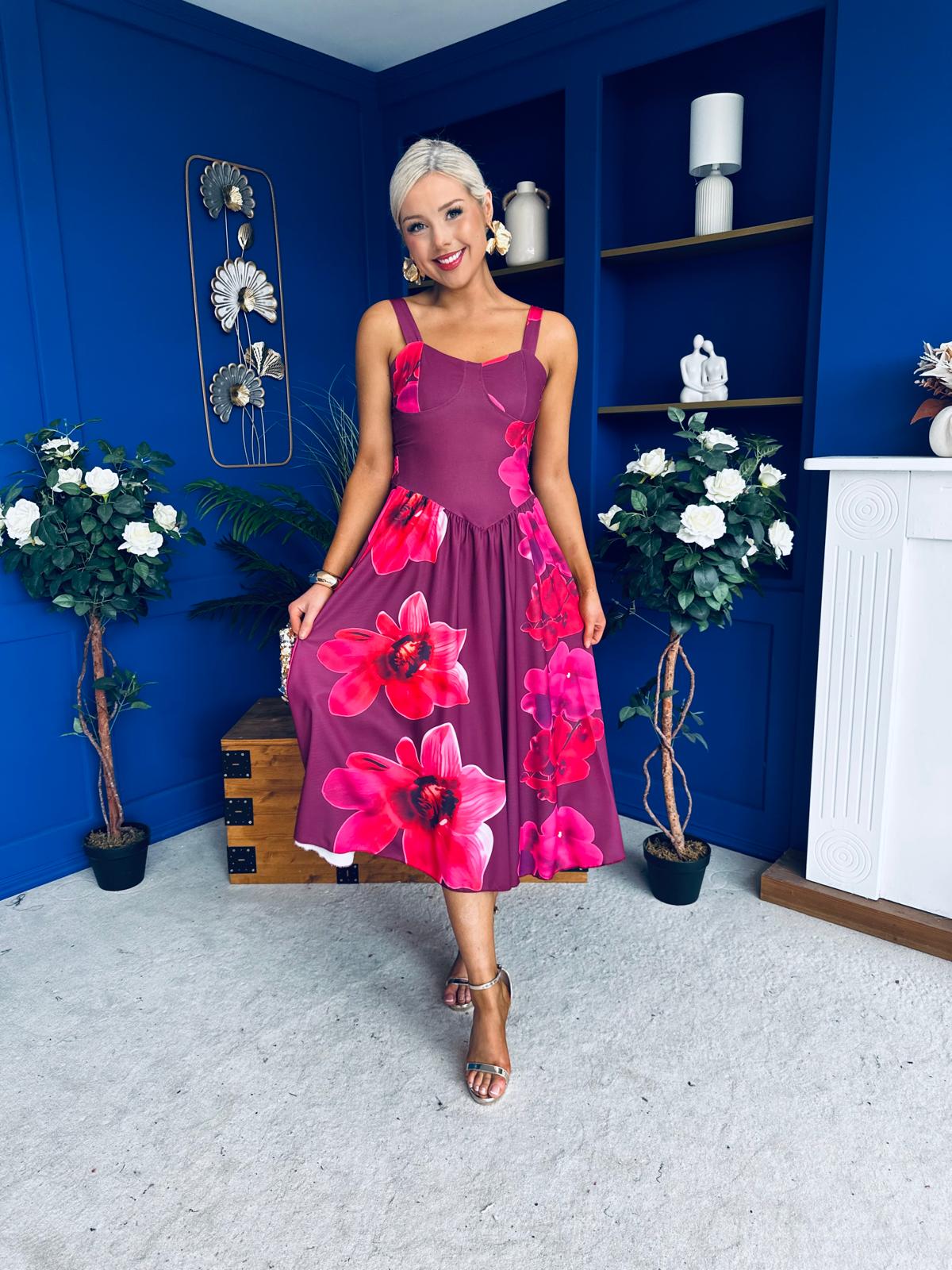 Jude Drop Waist Midi Dress Floral Berry