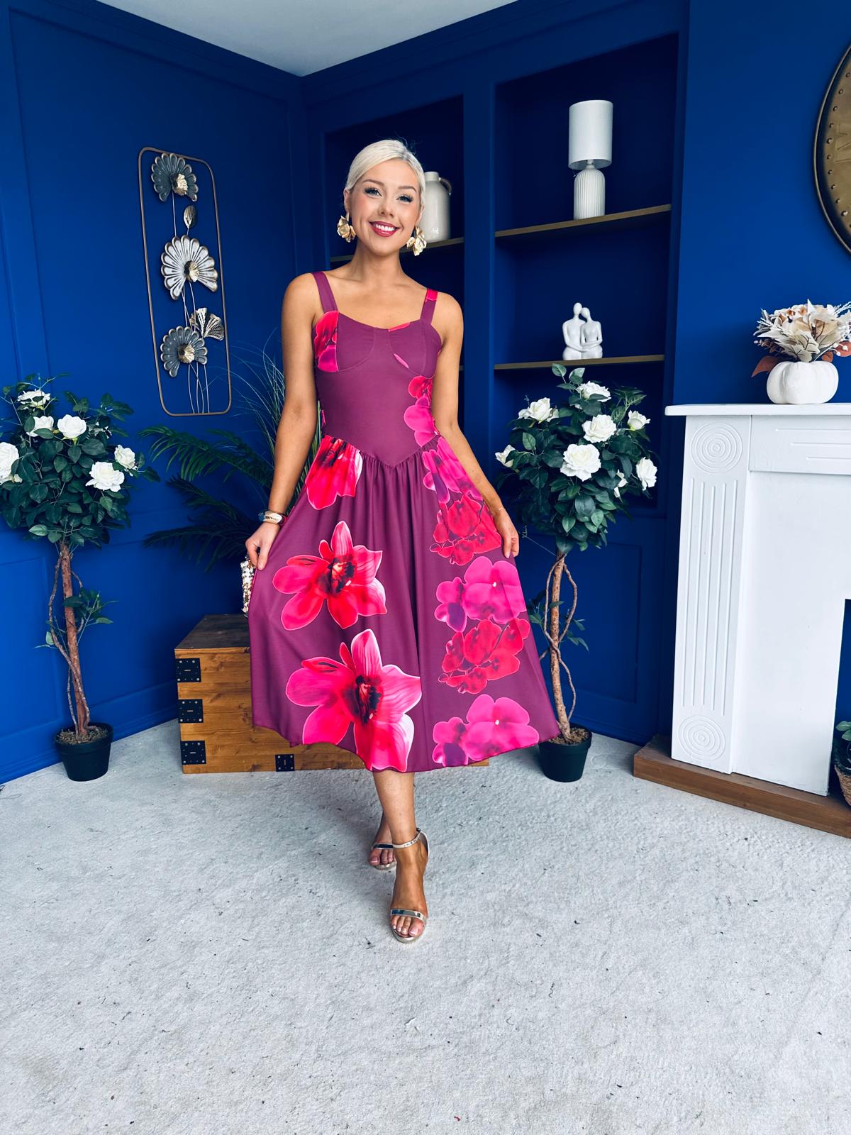 Jude Drop Waist Midi Dress Floral Berry