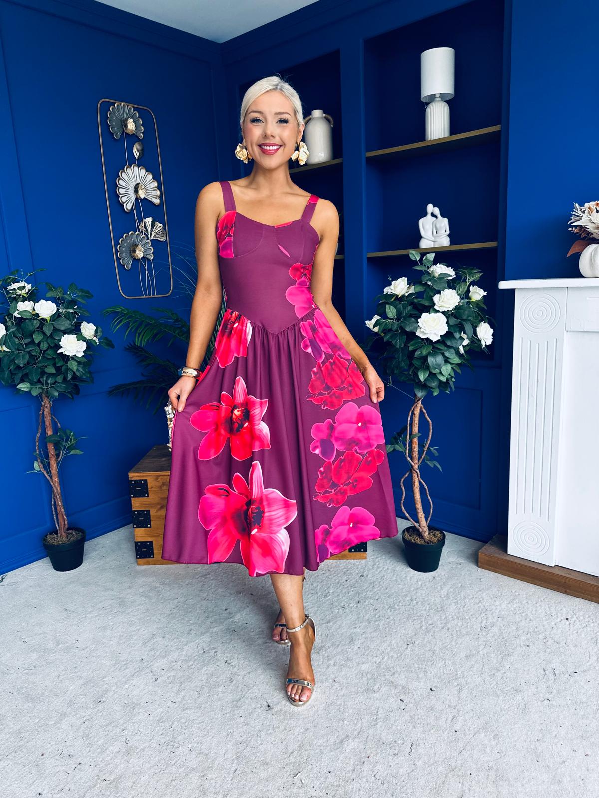 Jude Drop Waist Midi Dress Floral Berry