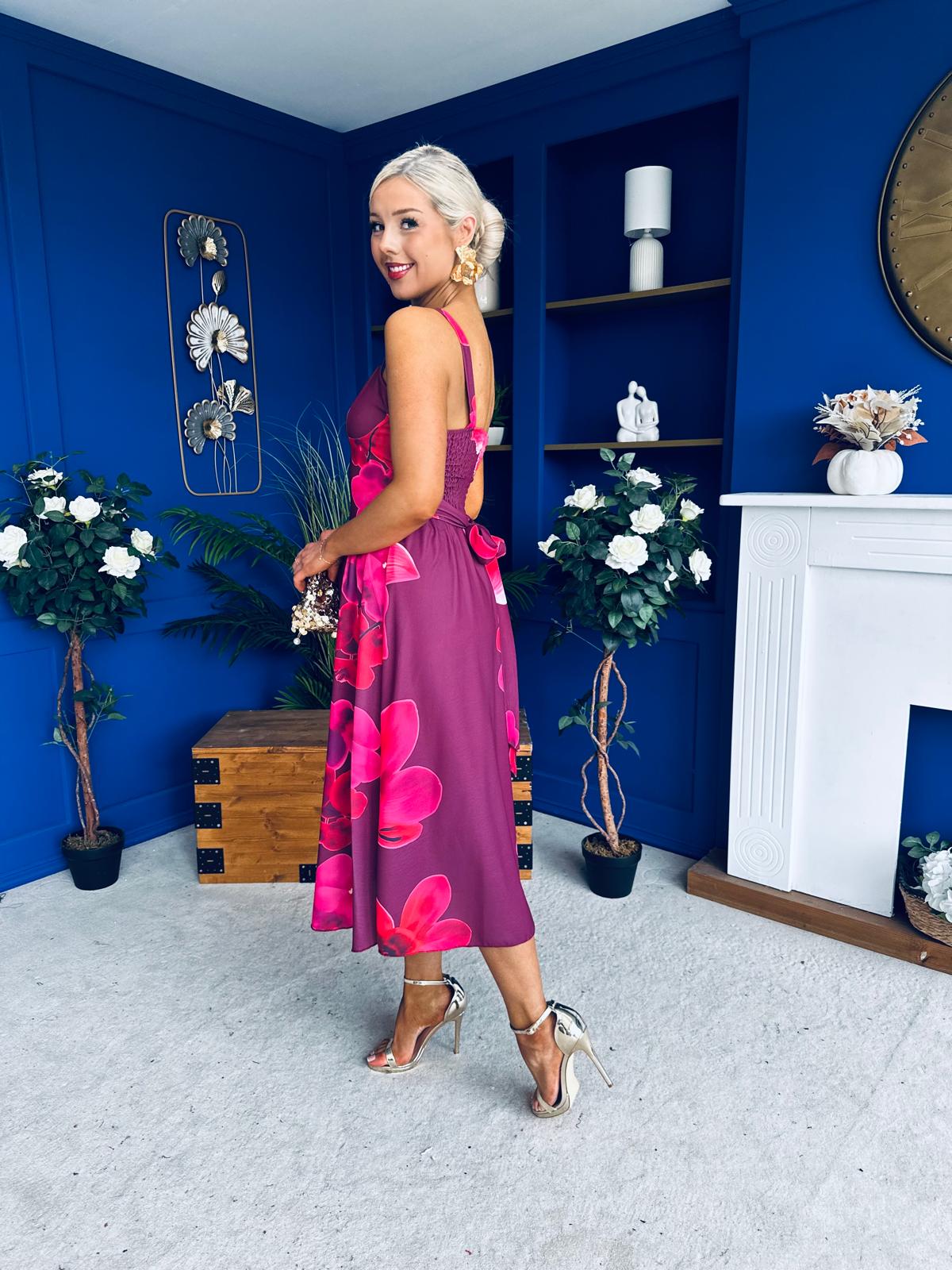 Jude Drop Waist Midi Dress Floral Berry