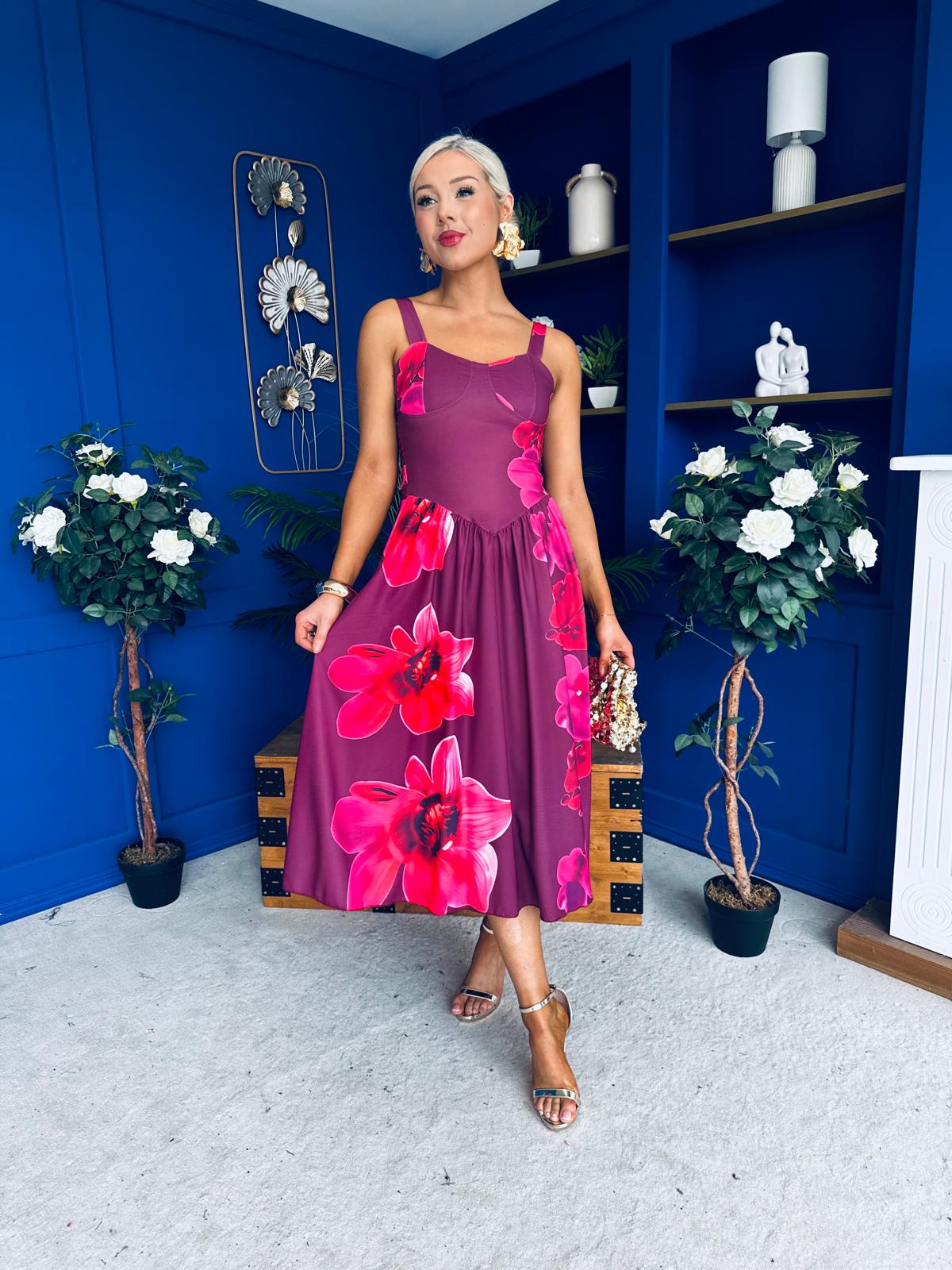 Jude Drop Waist Midi Dress Floral Berry